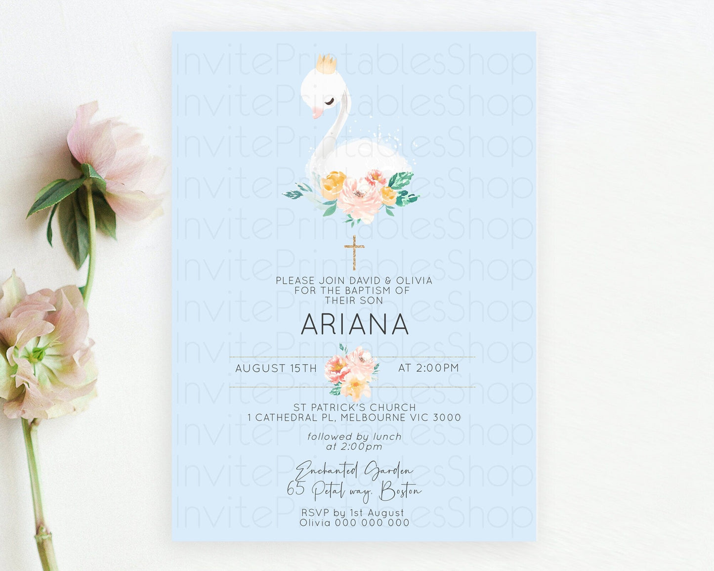 Swan Lake Baptism Invitation Swan Princess Ballet Baptism 1st Birthday Enchanted Forest Secret Garden Watercolour Pastel Floral D10903