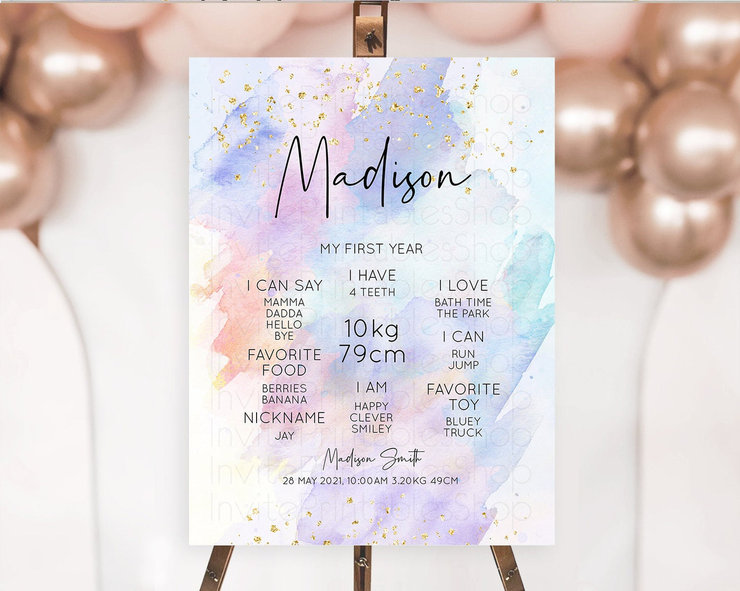 Pastel First Birthday Milestone Board Pastel Rainbow Milestone Poster Colorful Confetti Watercolor Glitter 1st Birthday Welcome Sign D10585