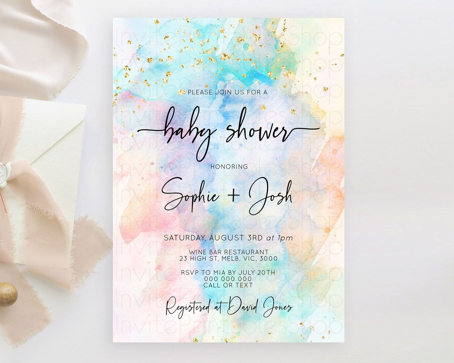 Pastel Baby Shower Invitation Rainbow Baby Shower Invitation Colorful Pastel Watercolor Invitation Gold Glitter Sprinkles Ombre D10260