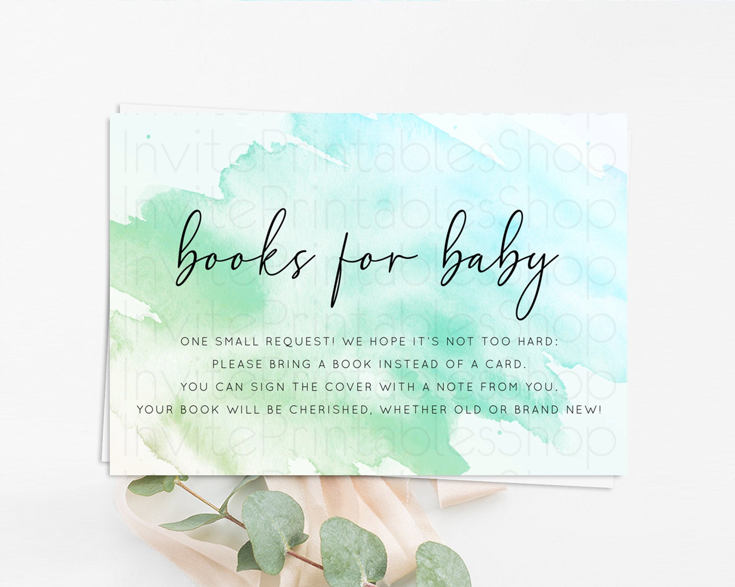 Editable Green Books For Baby Card Green Watercolor Book Insert Pastel Green