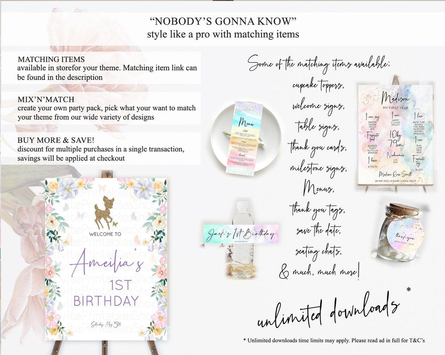 Fawn Welcome Sign Deer Welcome Board Floral Deer Welcome Poster Enchanted Forest Butterfly Pastel Floral First Birthday Welcome Sign D10477