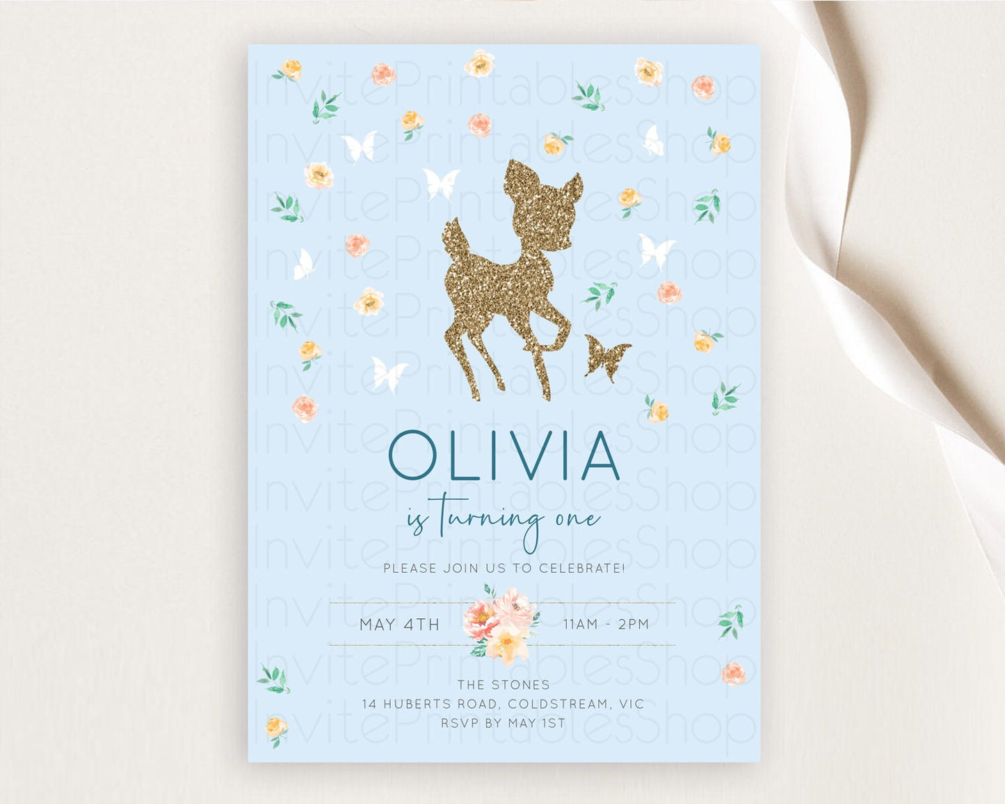 Fawn Birthday Invitation Deer Birthday Invitation Enchanted Forest Party Butterfly Pastel Flowers Whimsical 2nd 1st First Birthday D10902