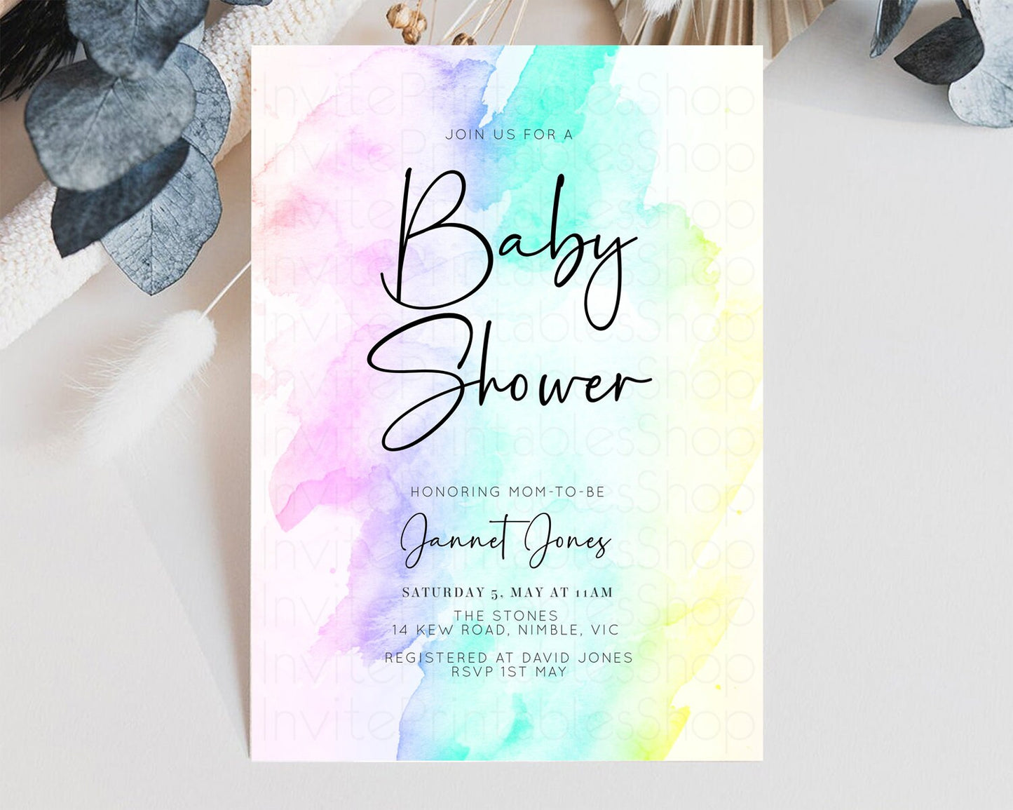 Rainbow Baby Shower Invitation Pastel Baby Sower Invite Colorful Splash Invite Sprinkle Confetti Watercolor Ombre Baby Shower Invite F210