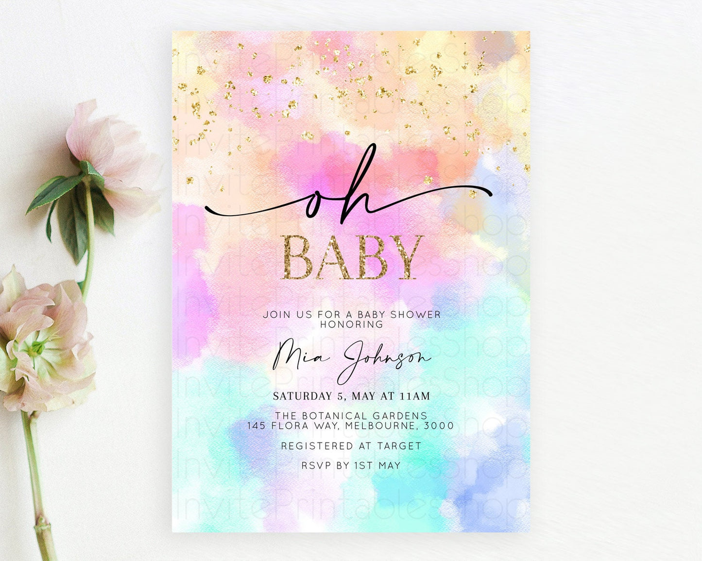 Pastel Baby Shower Invitation Rainbow Baby Shower Invitation Colorful Pastel Watercolor Invitation Gold Glitter Sprinkles Ombre D10667
