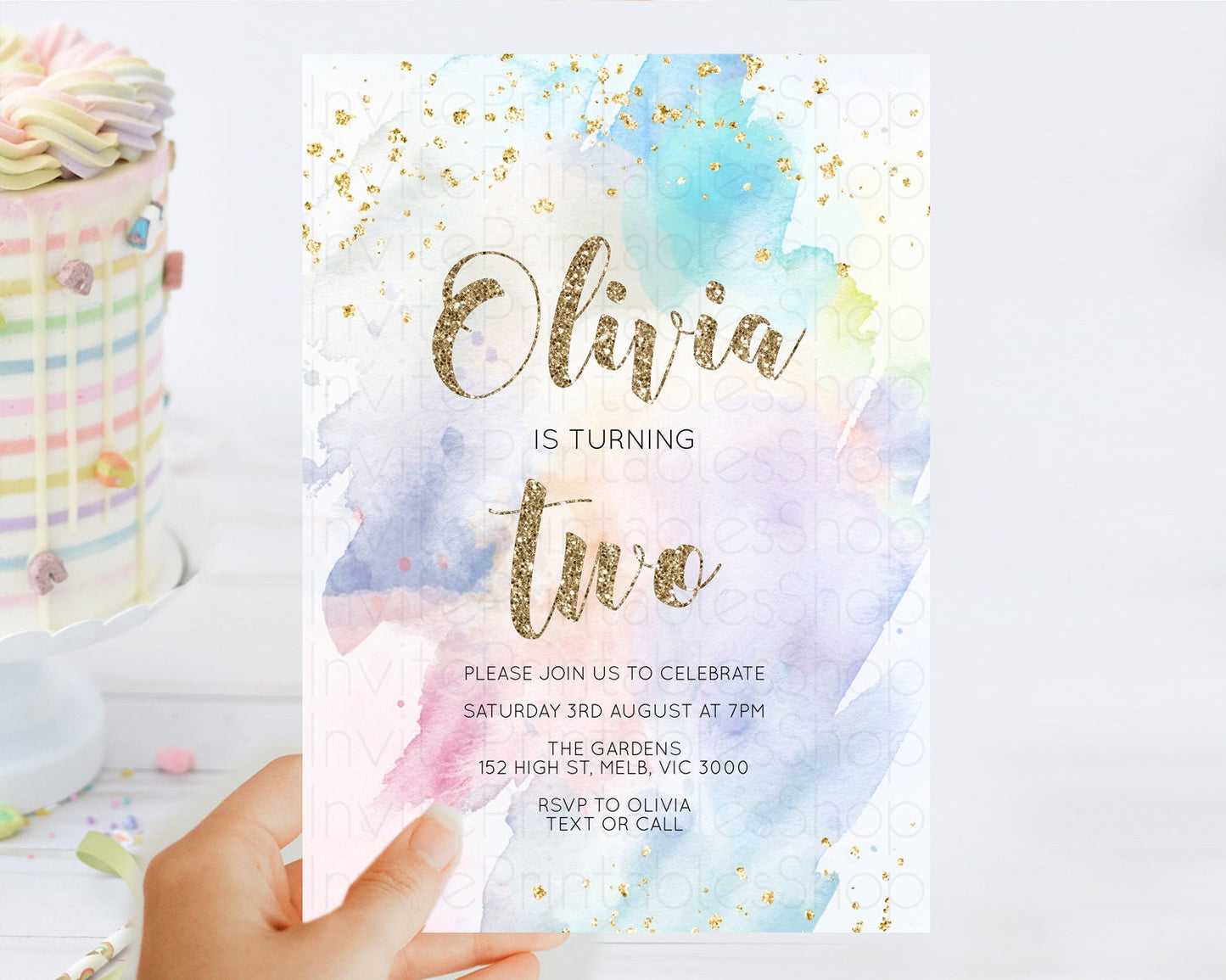 Rainbow Birthday Invitation Colorful Pastel Watercolor Invitation Gold Glitter Sprinkles Ombre Pastel 1st 2nd 3rd Birthday D10421