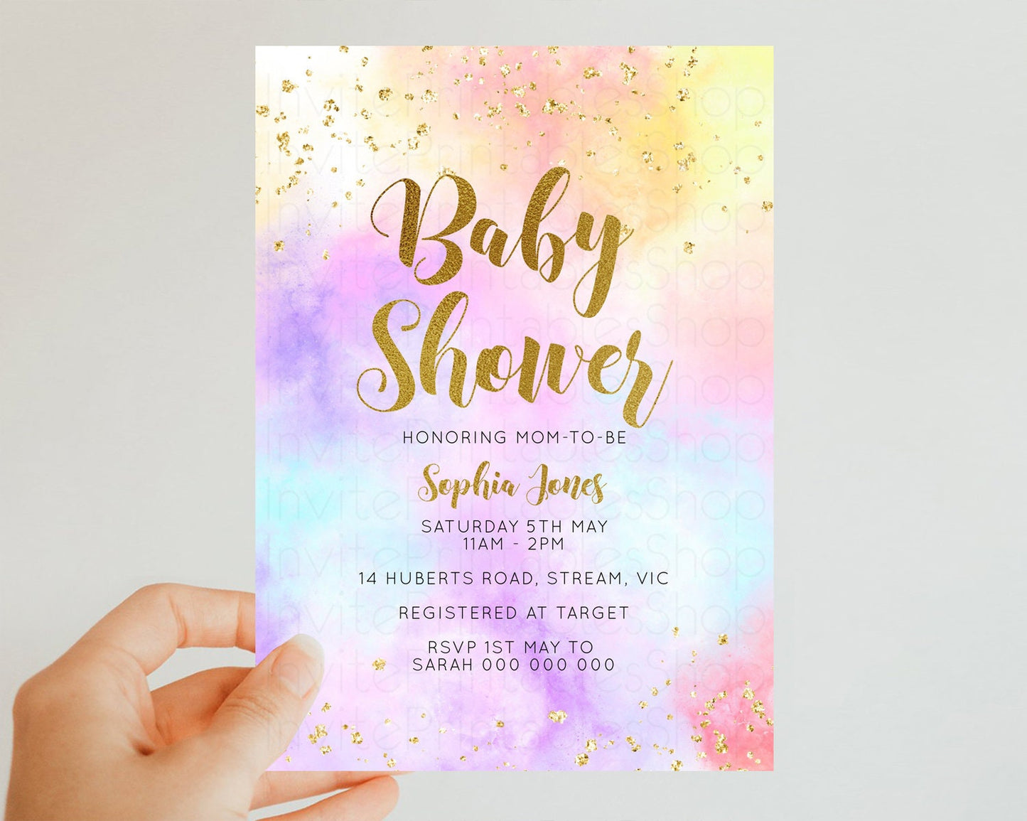 Rainbow Baby Shower Invitation Pastel Baby Sower Invitation Colorful Splash Invite Sprinkle Confetti Watercolor Ombre Baby Shower Invite 499