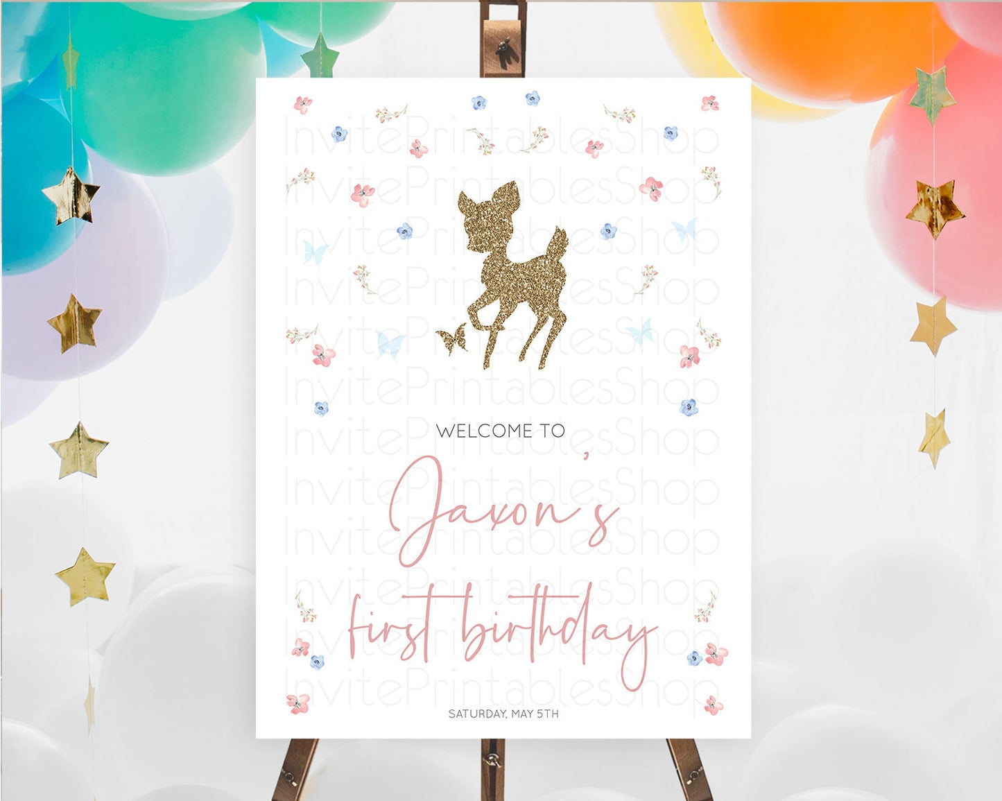 Fawn Welcome Sign Deer Welcome Board Floral Deer Welcome Poster Enchanted Forest Butterfly Pastel Floral First Birthday Welcome Sign D10359