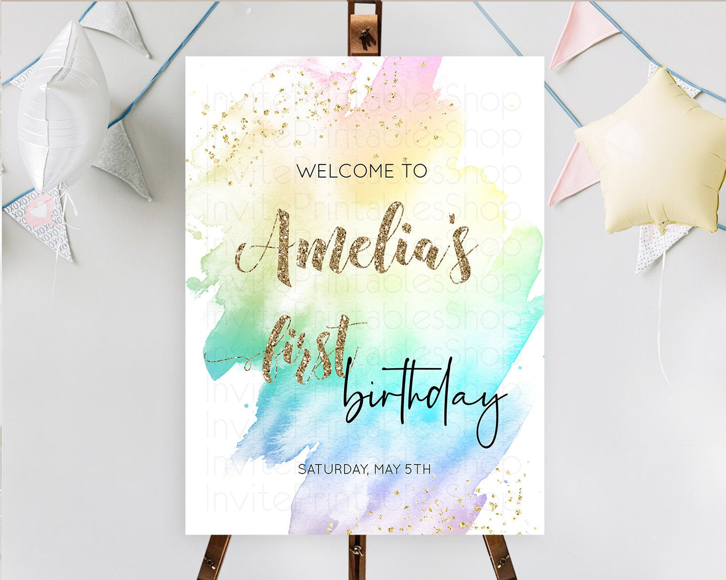 Pastel Welcome Sign Pastel Rainbow Welcome Sign Colorful Rainbow Confetti Watercolor Glitter Pastel First Birthday Welcome Sign D10259