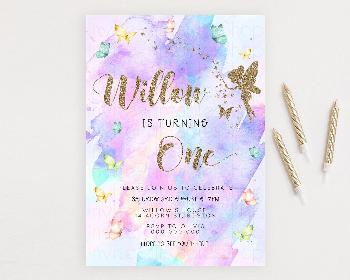 Pastel Fairy Birthday Invitation Pastel Butterflies Fairy Birthday Invitation Rainbow Ombre Watercolor 1st 2nd Birthday Invitation D23346