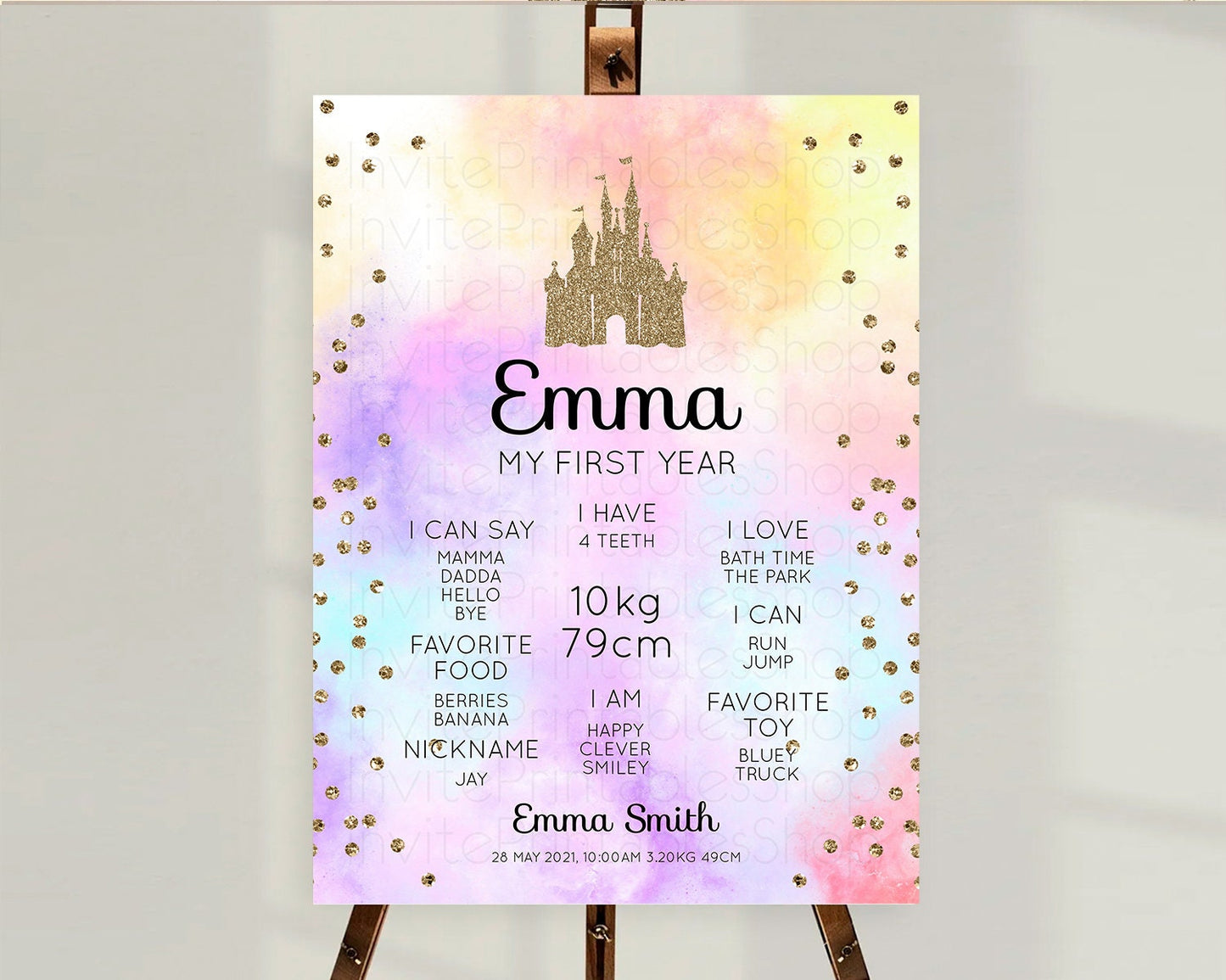 Princess First Birthday Milestone Poster Pastel Princess Milestone Board Pastel Rainbow Colorful Enchanted Castle 1st Birthday Sign D10148