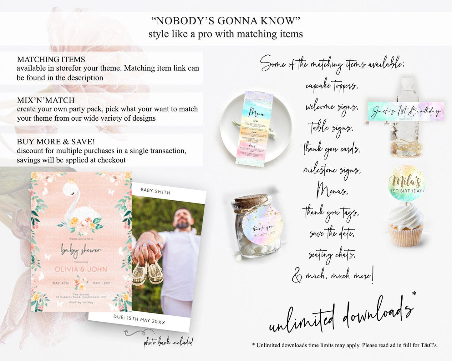 Swan Baby Shower Invitation, Swan Lake Princess Ballet, Secret Garden, Watercolor, Pastel Floral, Pink Orange Flowers, Butterflies D10884
