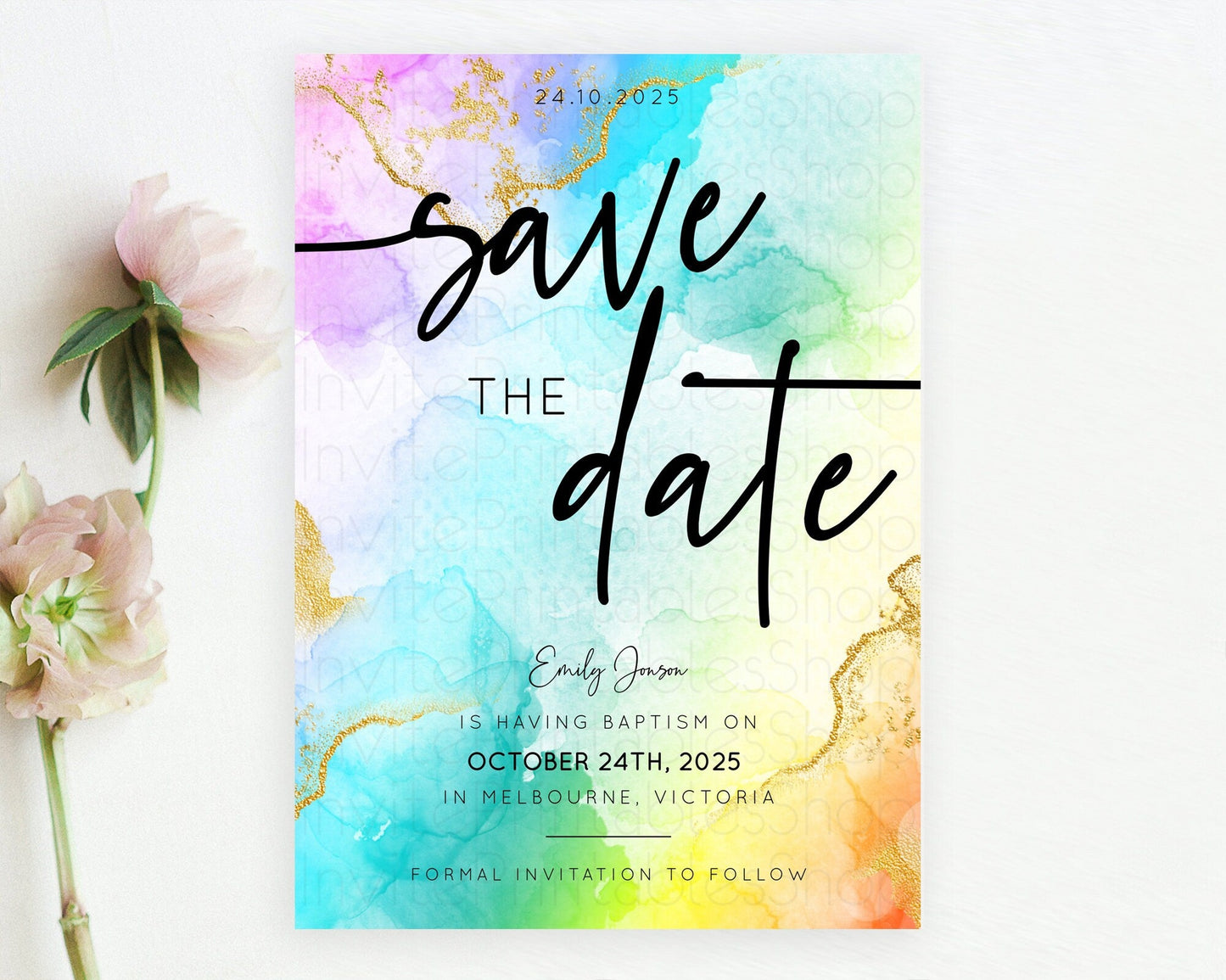 Pastel Save The Date Template Pastel Ombre Rainbow Watercolor Colorful Party For Birthday Baptism Baby Shower Wedding Bridal Shower D10390