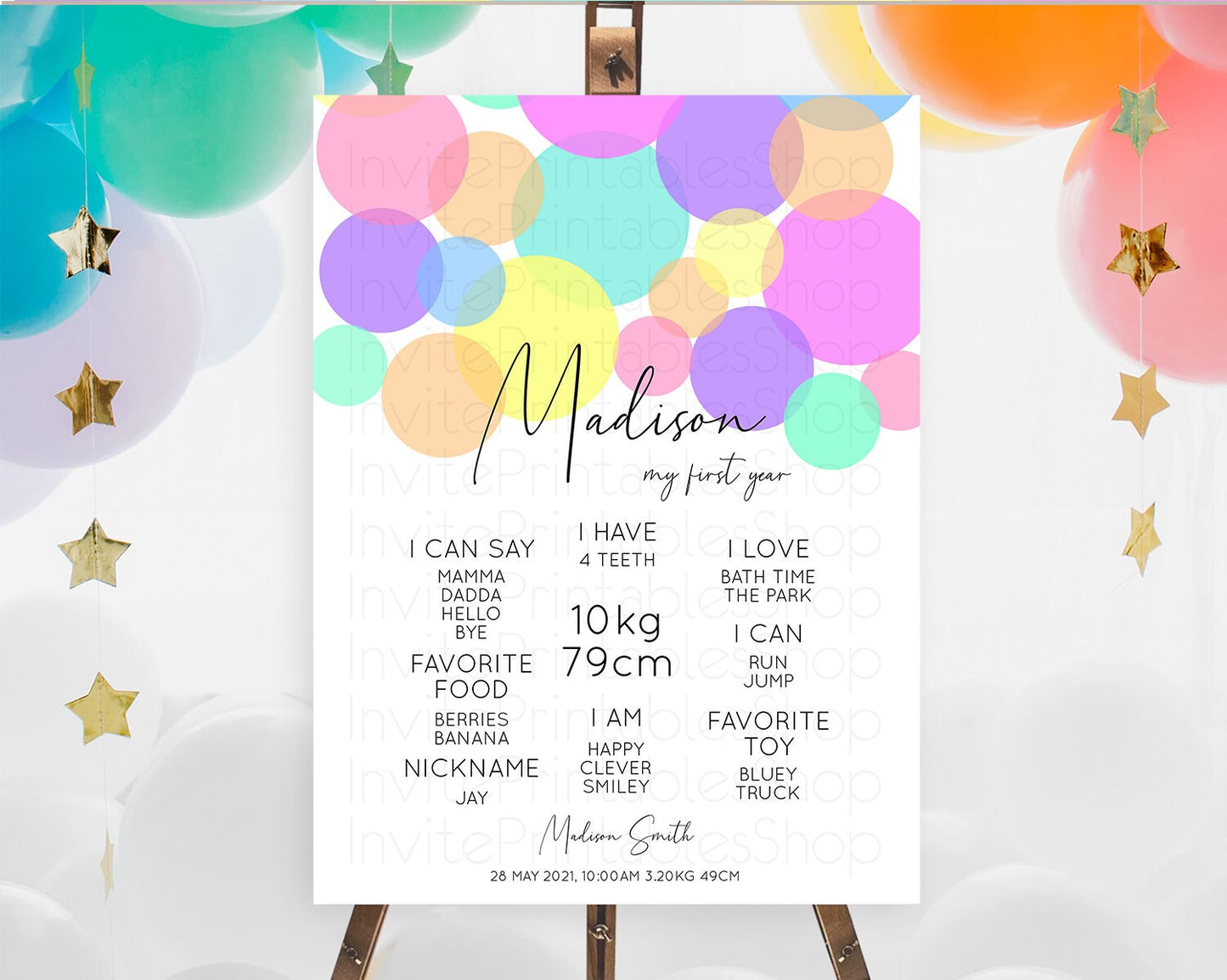 Pastel First Birthday Milestone Poster Pastel Rainbow Confetti First Birthday Milestone Board Colorful Bubbles Birthday Welcome Sign D10888