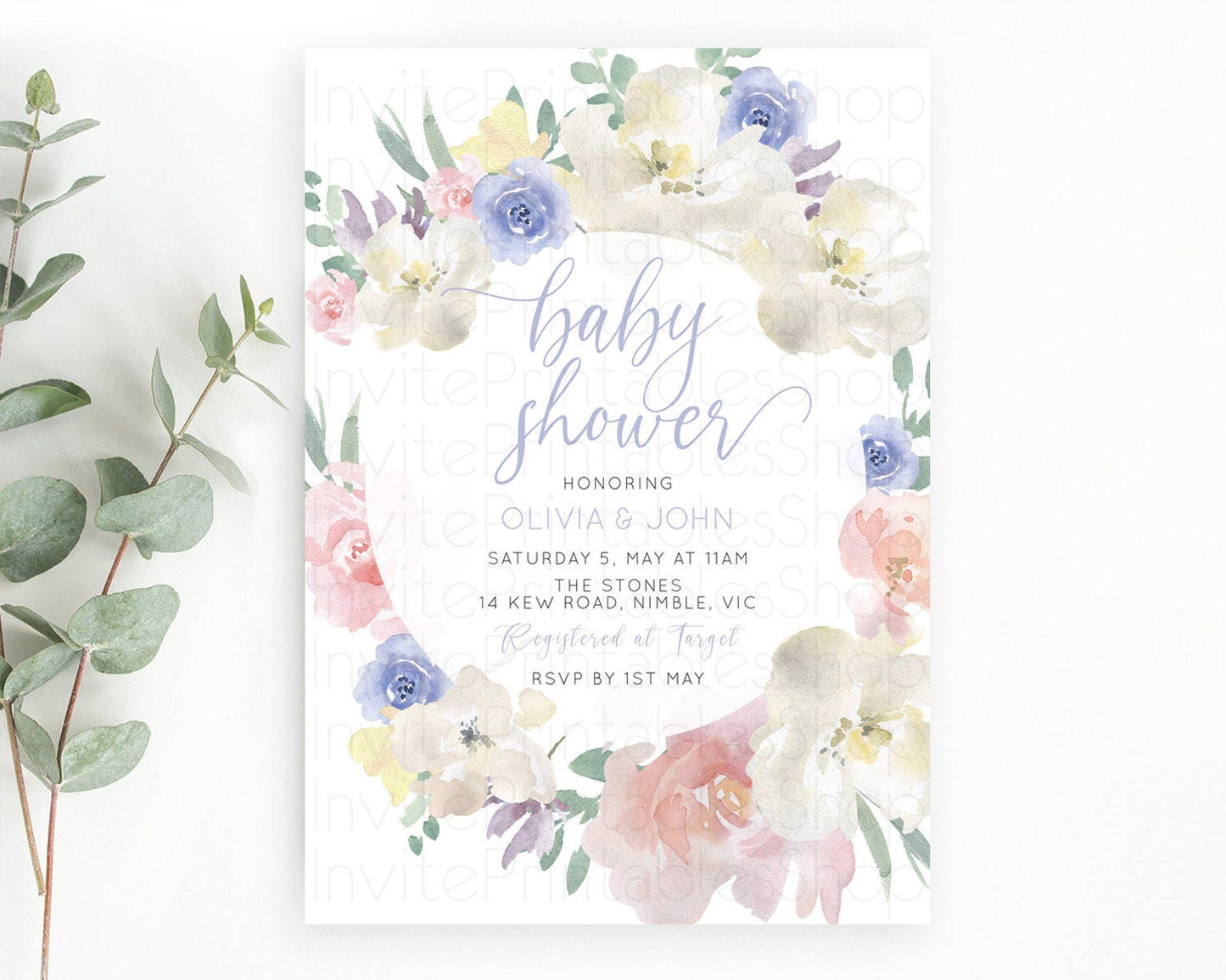 Wildflower Baby Shower Invitation, Secret Garden with Pastel Flowers, Botanical - Soft Organic Pink, Blue, and White Floral Theme D10841