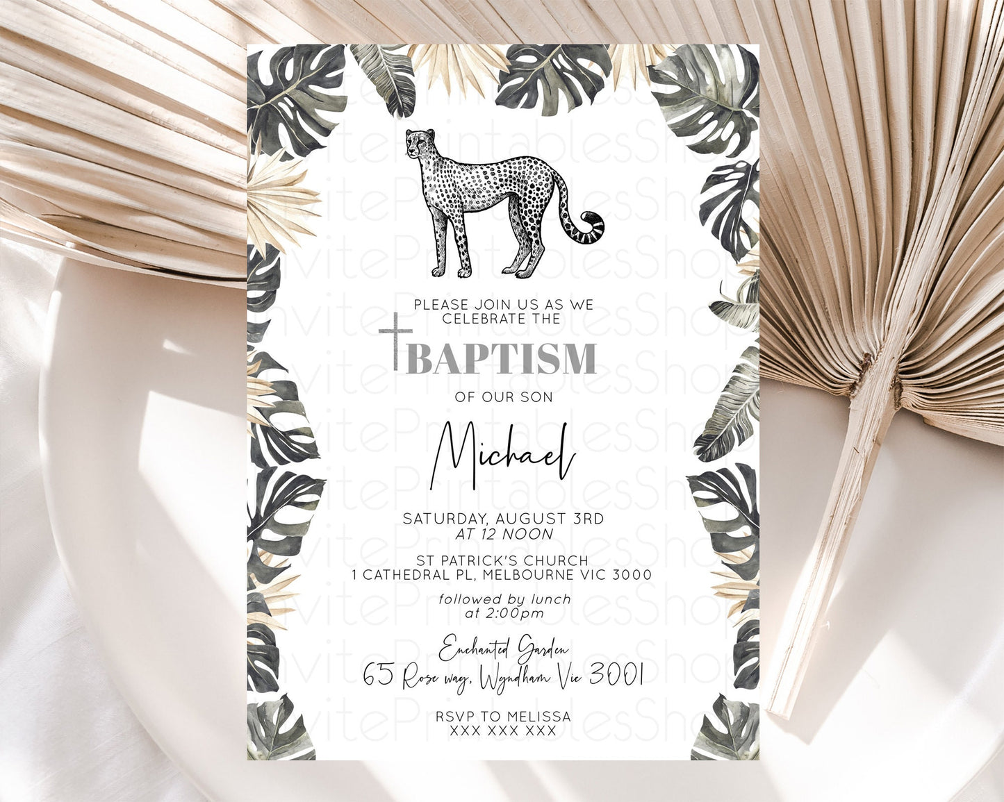 Cheetah Baptism Invitation Cheetah Baptism 1st Birthday Invitation Cheetah Safari Adventure Christening Party Palm Leaf Zoo Cheetah D10823