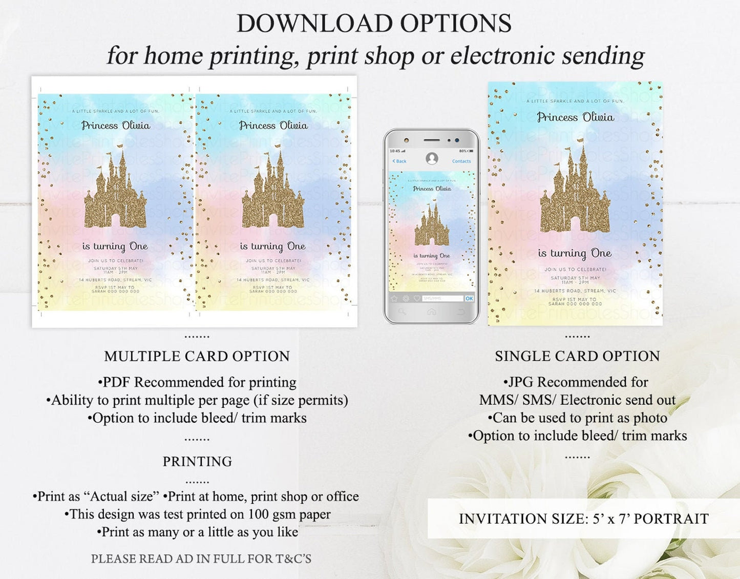 Princess Birthday Invitation Castle Birthday Invitation Rainbow Watercolor Invitation Gold Glitter Confetti Sprinkles Royal Edit Template