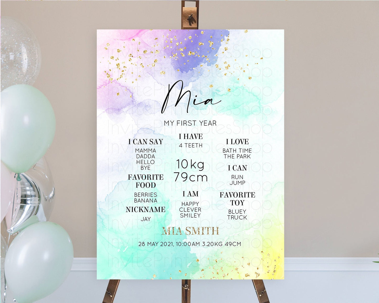 Pastel First Birthday Milestone Board Pastel Rainbow Milestone Poster Colorful Confetti Watercolor Glitter 1st Birthday Welcome Sign D10157