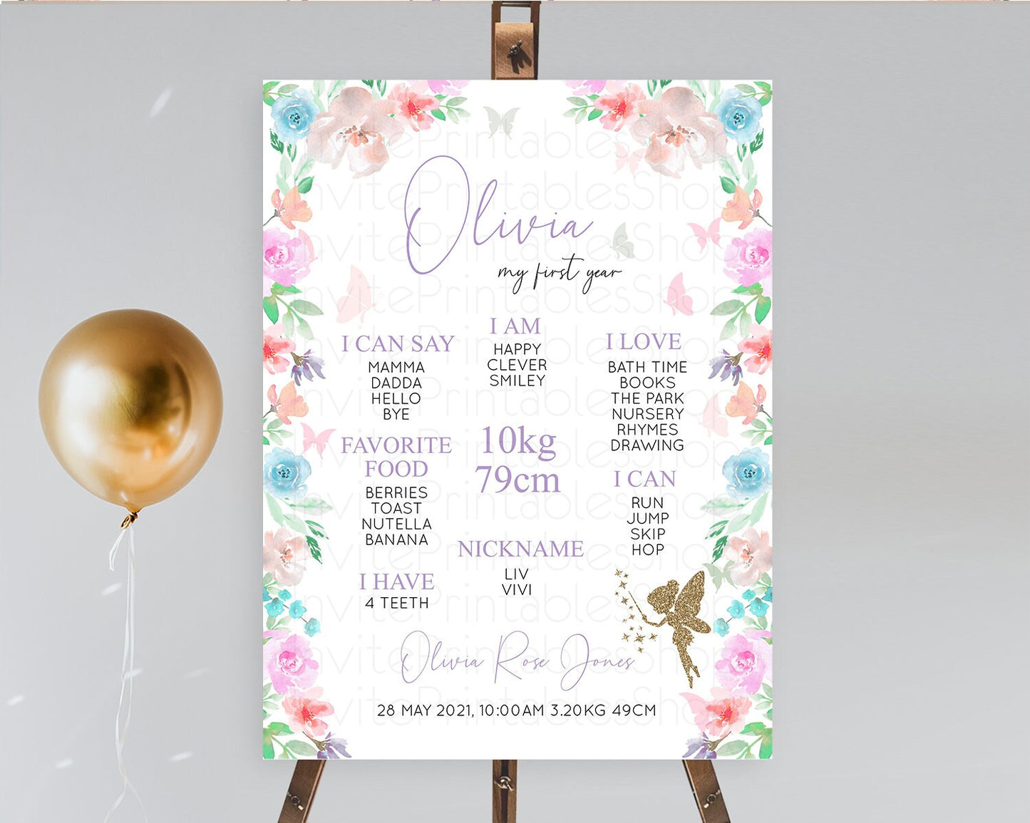 Fairy First Birthday Milestone Poster Fairy Secret Garden Milestone Board Enchanted Garden Pastel Floral Butterfly 1st Birthday Sign D10126