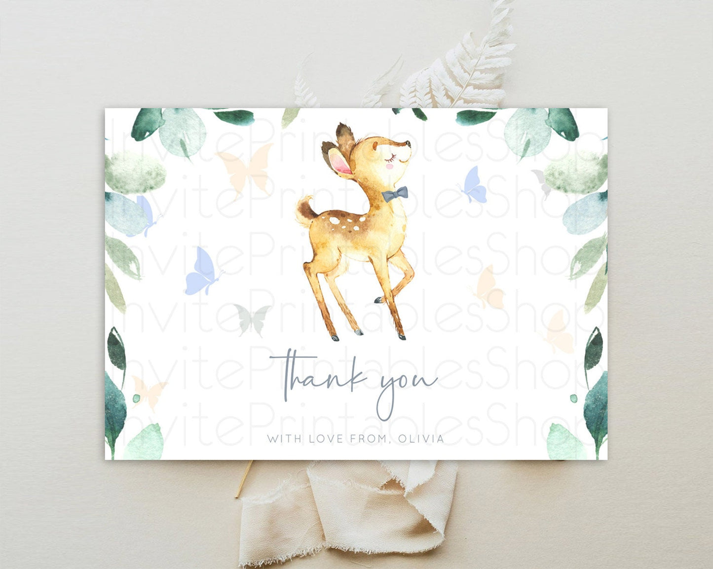 Fawn Thank You Deer Thank You Card Pastel Floral Deer Birthday Thank You Card Enchanted Forest Butterfly Deer Teacher Thank You Card D10767