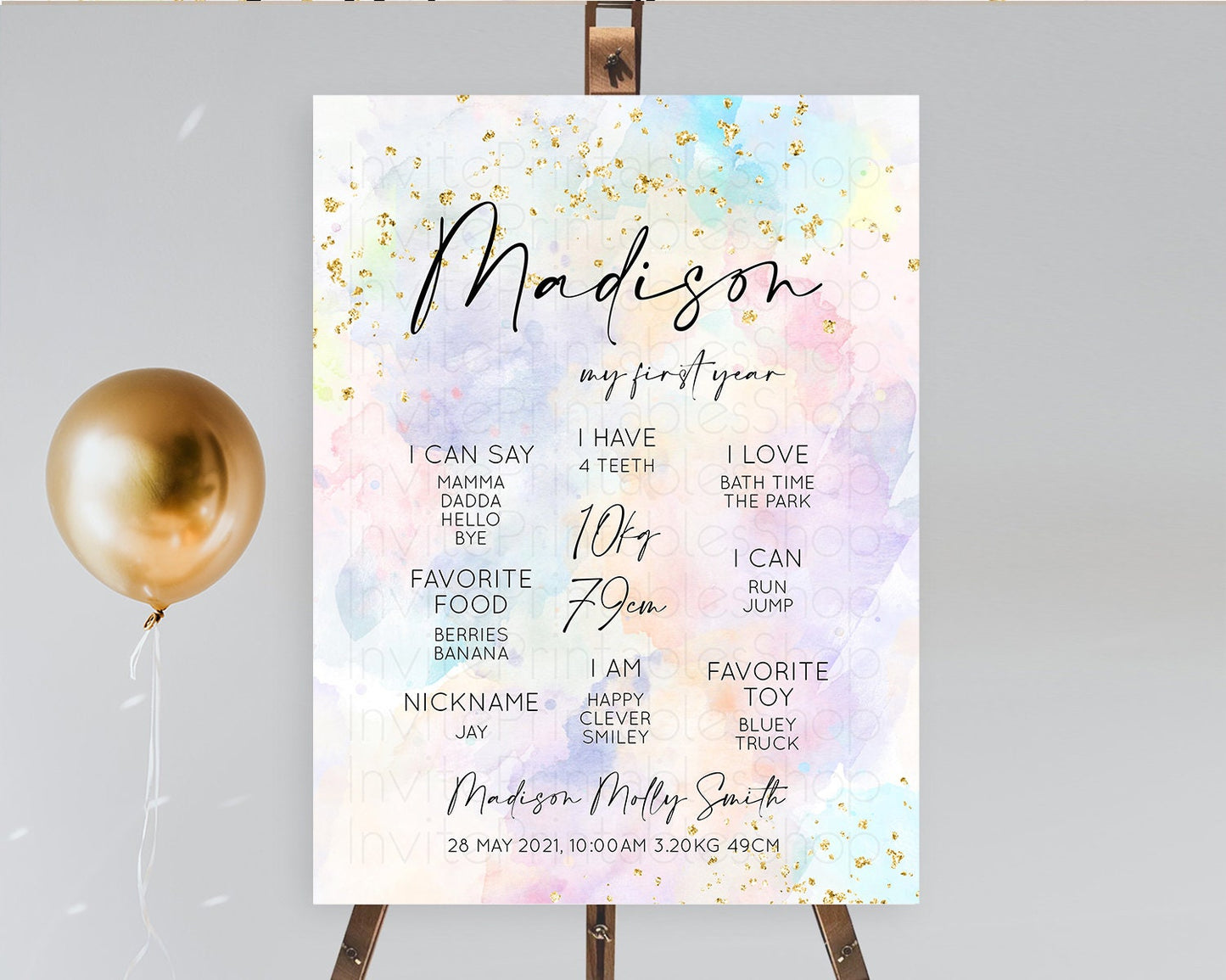 Pastel First Birthday Milestone Board Pastel Rainbow Milestone Poster Colorful Confetti Watercolor Glitter 1st Birthday Welcome Sign D10605
