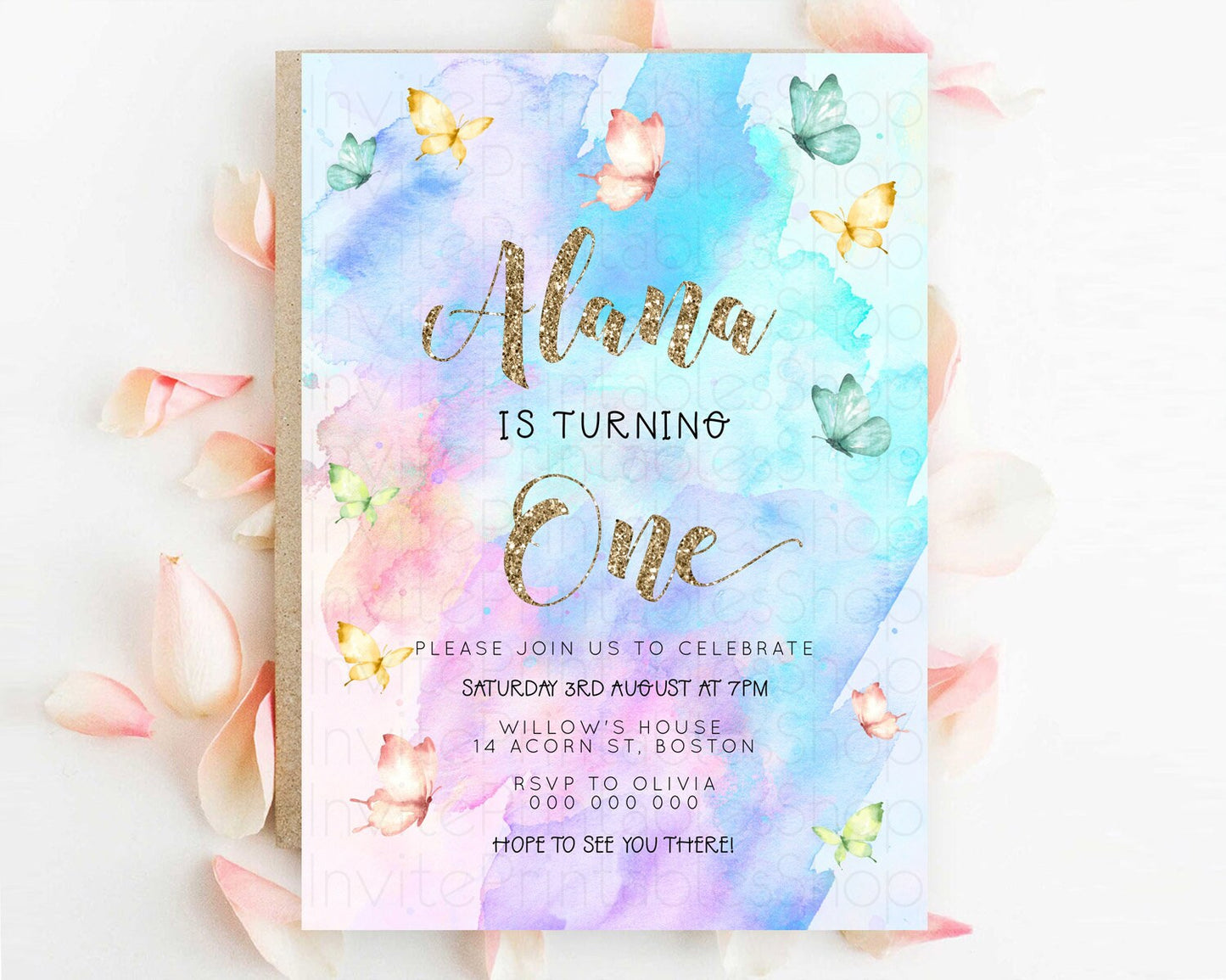 Pastel Butterfly Birthday Invitation Butterfly Birthday Invitation Colorful Splash Glitter Butterfly Garden 1st 2nd Birthday D23246