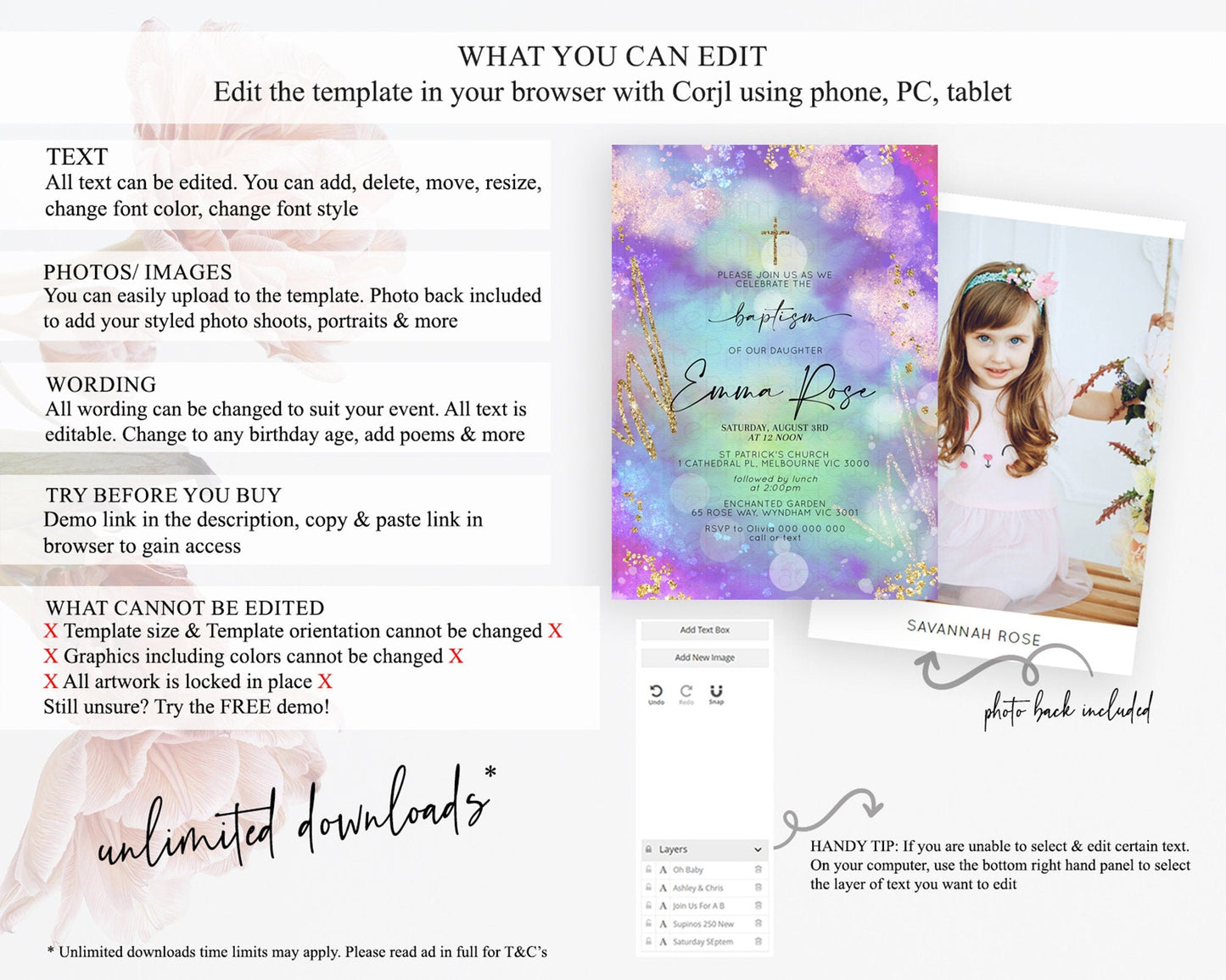 Pastel Baptism Invitation Pastel Colors Watercolor Baptism 1st Birthday Party Gold Ombre Pastel Rainbow Christening Holy Communion D10680