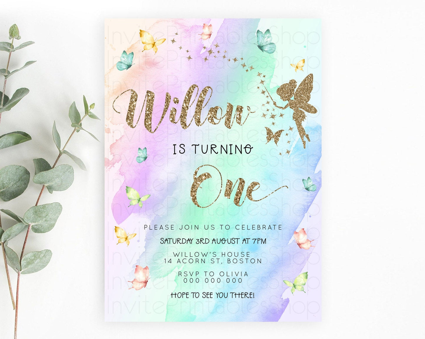 Pastel Fairy Birthday Invitation Pastel Butterflies Fairy Birthday Invitation Rainbow Ombre Watercolor 1st 2nd Birthday Invitation D23331