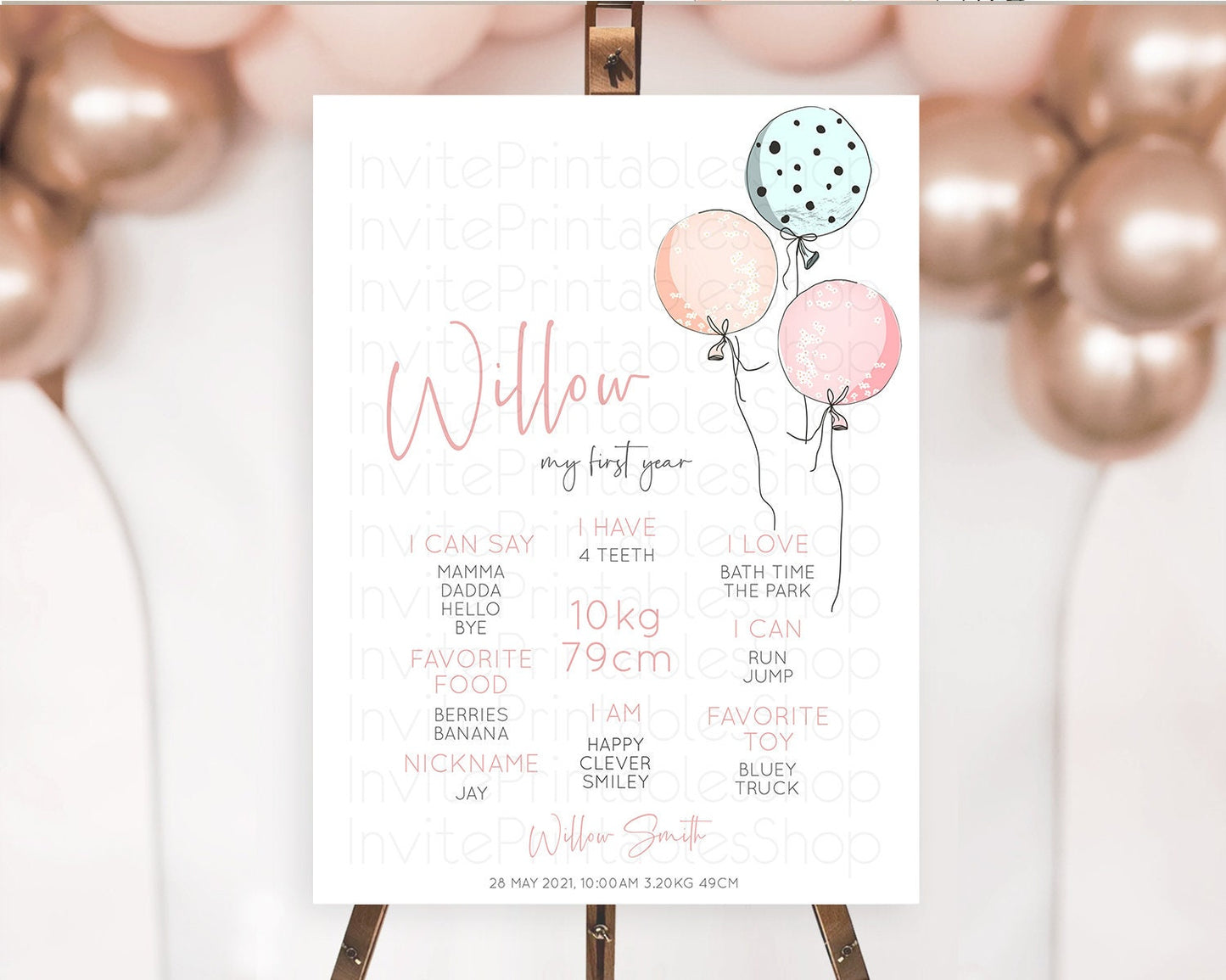 Pastel Balloons First Birthday Milestone Board Colorful Balloon Milestone Poster Rainbow Balloon Confetti 1st Birthday Welcome Sign D10868