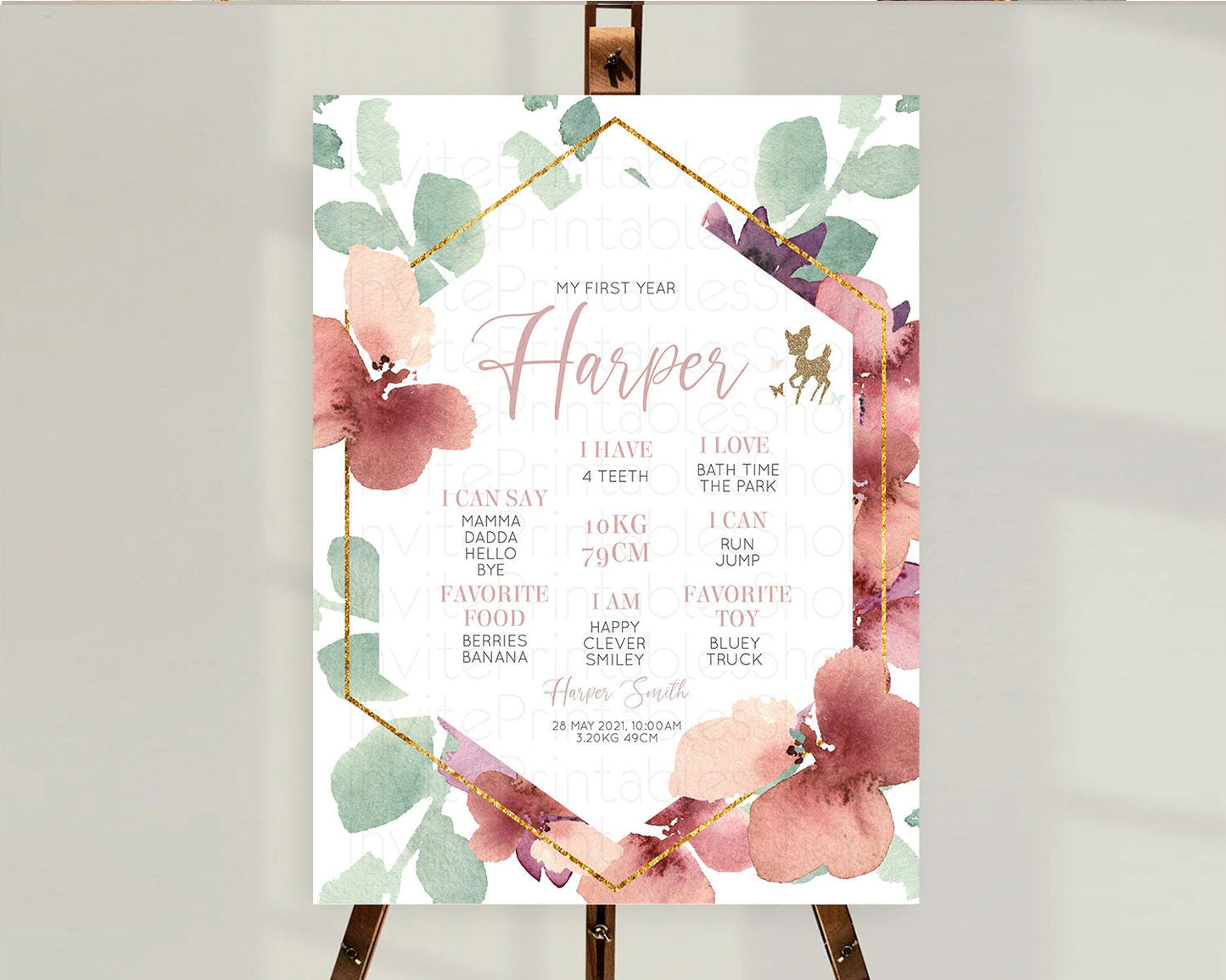 Fawn First Birthday Milestone Board Deer First Birthday Milestone Poster Enchanted Forest Butterfly Pastel Flowers 1st Birthday Sign D10459