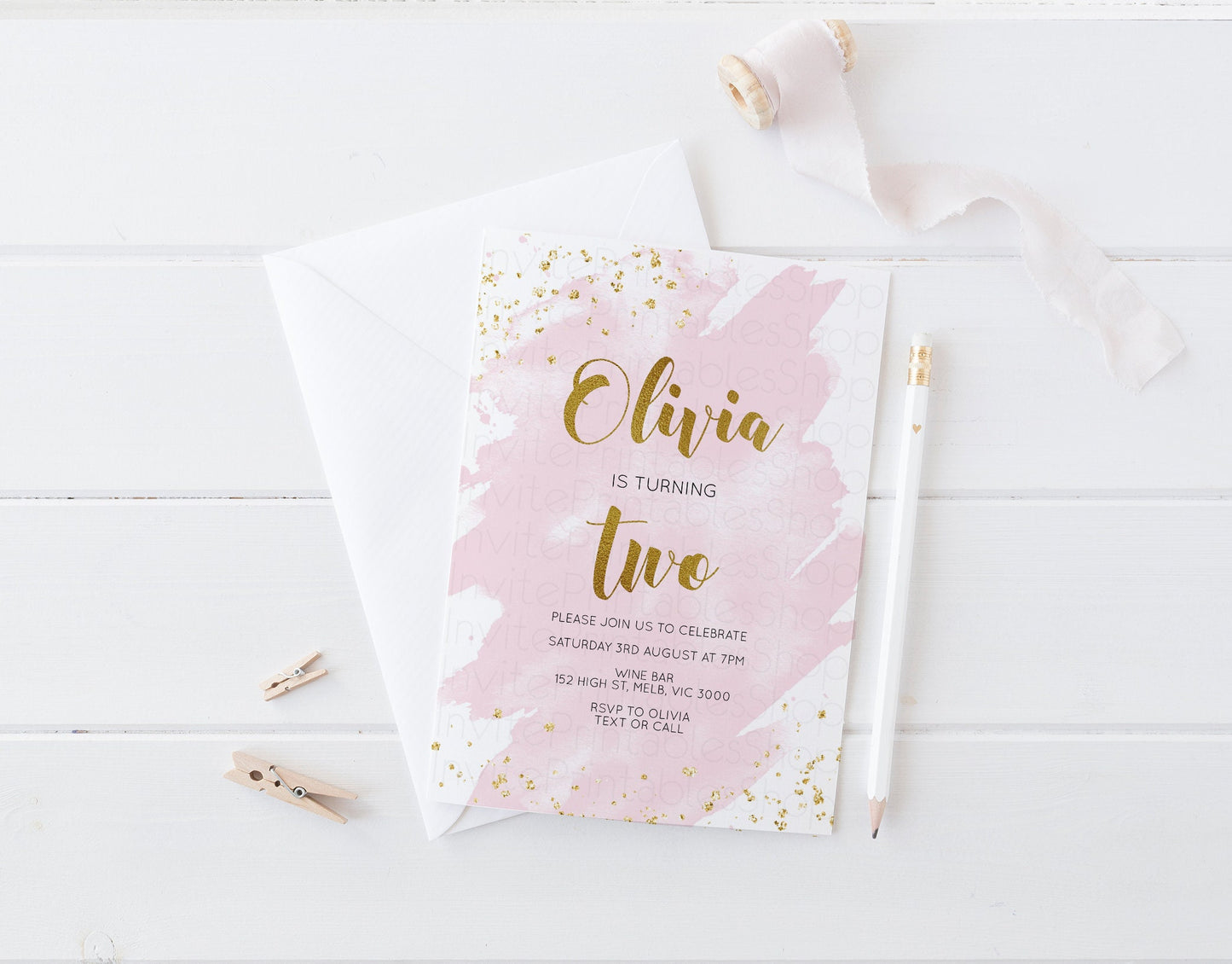 Pink Birthday Invitation Pink Splash Watercolor Invite Gold Glitter Sprinkles Ombre Pastel Invitation 1st 2nd 3rd Printable Editable Invite