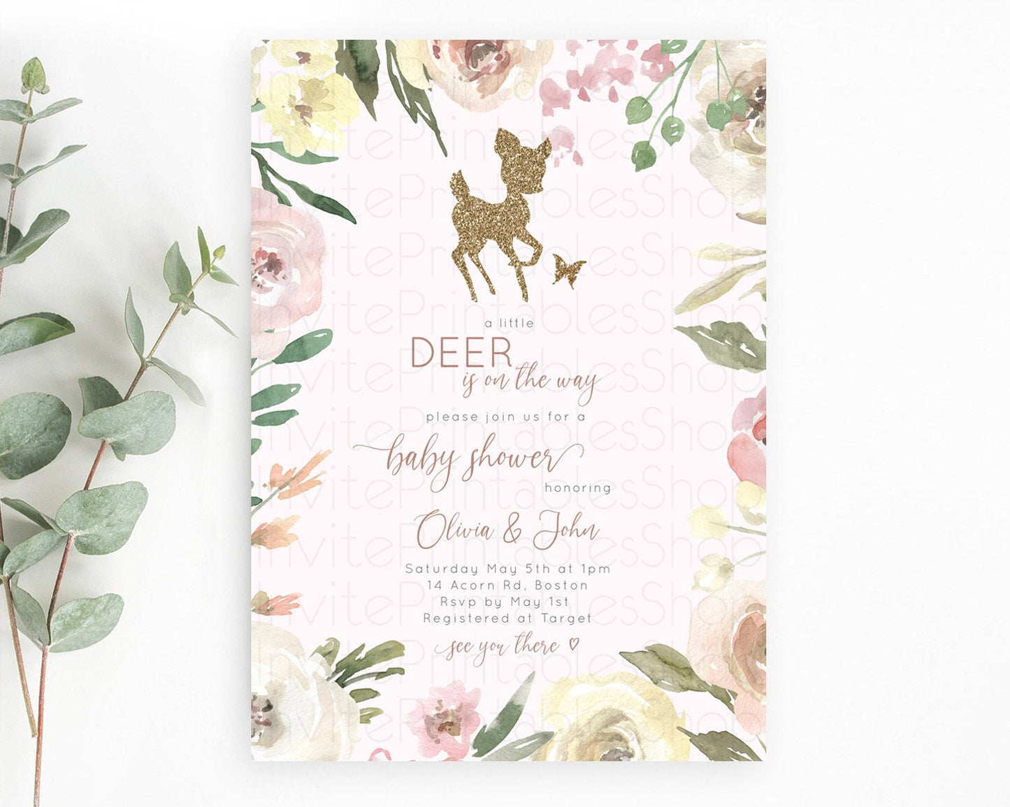 Fawn Baby Shower Invitation: Glitter Deer, Whimsical Butterflies, Secret Garden, Pastel Flowers, Pink Yellow Floral, Enchanted Forest D10193