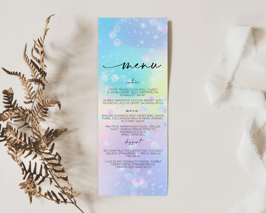 Rainbow Menu Pastel Menu Colorful Pastel Table Decor Watercolor Iridescent Sprinkles Ombre Pastel Dinner Dessert Menu Food Menu D10665