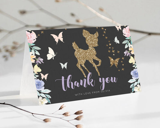 Fawn Thank You Deer Thank You Card Pastel Floral Deer Birthday Thank You Card Enchanted Forest Butterfly Deer Teacher Thank You Card D10880