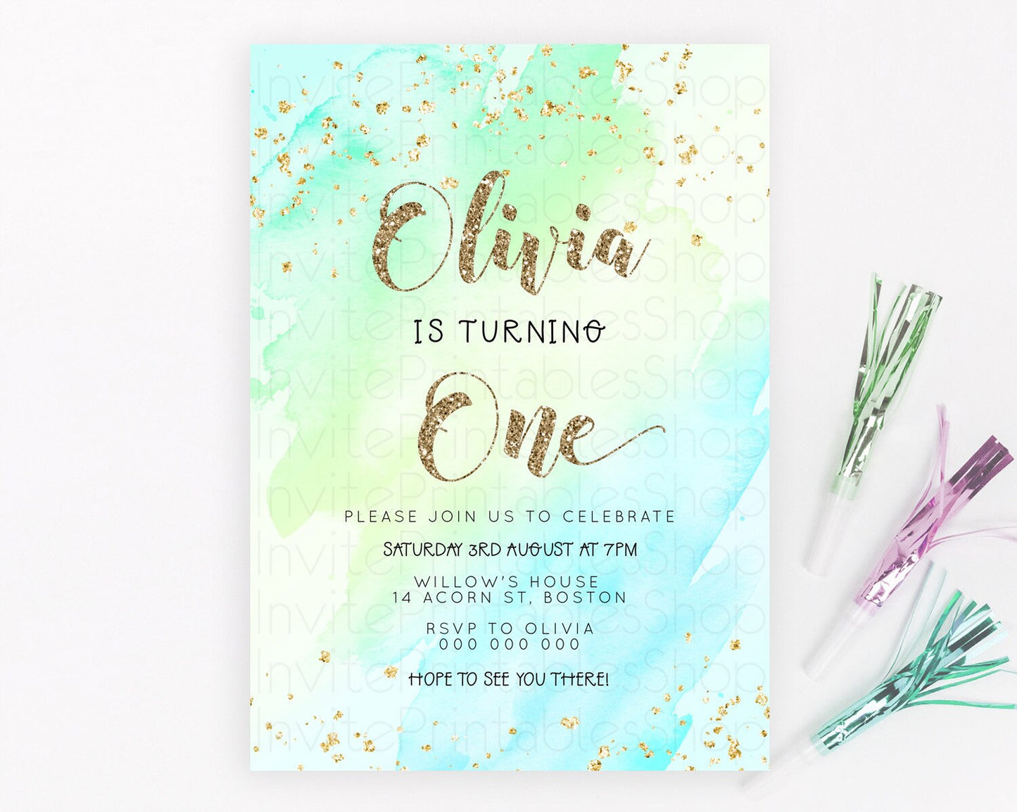 Editable Green Birthday Invitation green Watercolor Invitation Pastel green
