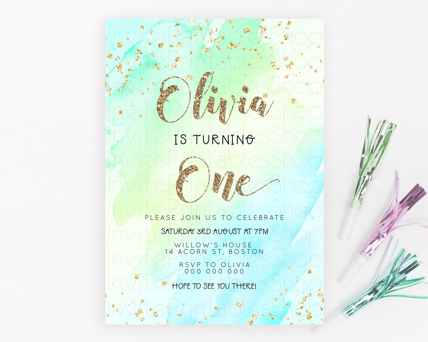 Editable Green Birthday Invitation green Watercolor Invitation Pastel green