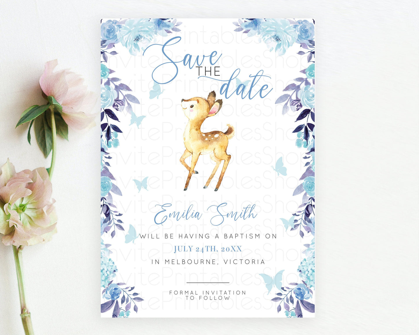 Fawn Deer Save The Date Template Pastel Floral Deer Enchanted Forest Butterfly Party 1st Birthday Baptism Baby Shower Bridal Shower D10917