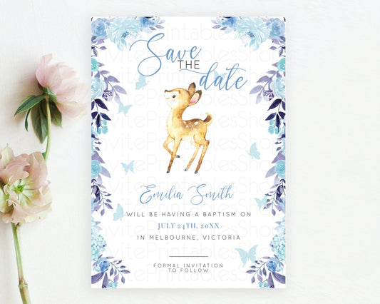 Fawn Deer Save The Date Template Pastel Floral Deer Enchanted Forest Butterfly Party 1st Birthday Baptism Baby Shower Bridal Shower D10917