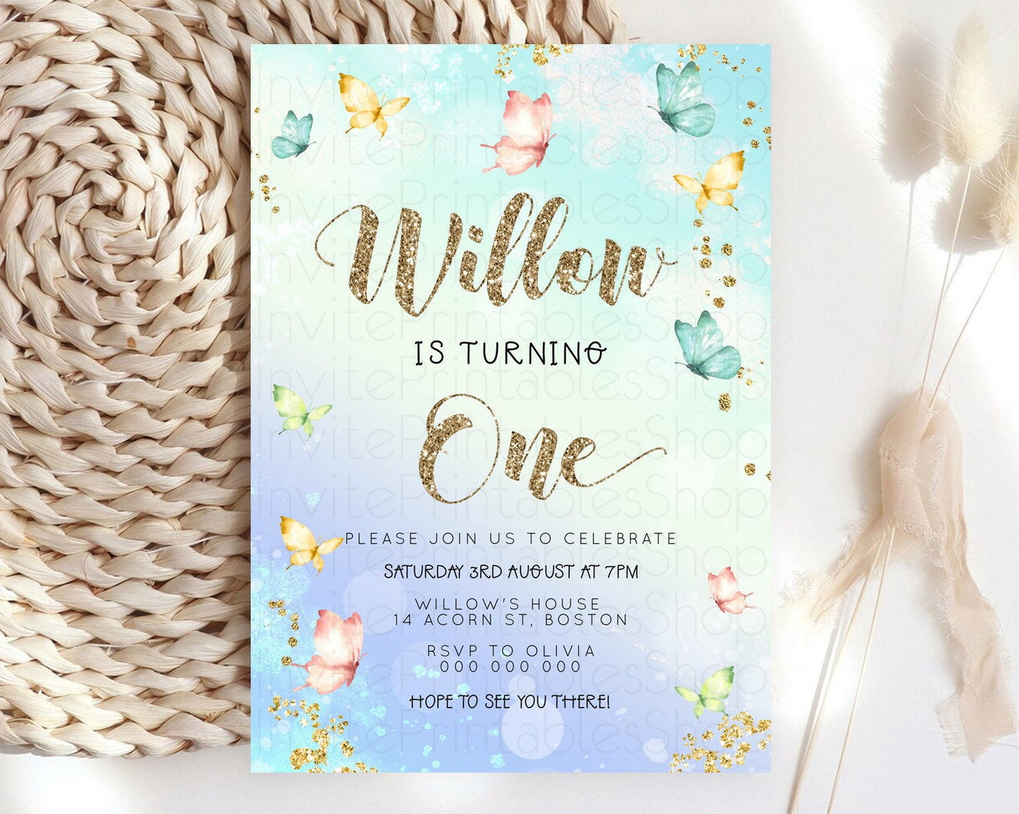 Pastel Butterfly Birthday Invitation Butterfly Birthday Invitation Colorful Splash Glitter Butterfly Garden 1st 2nd Birthday D23081