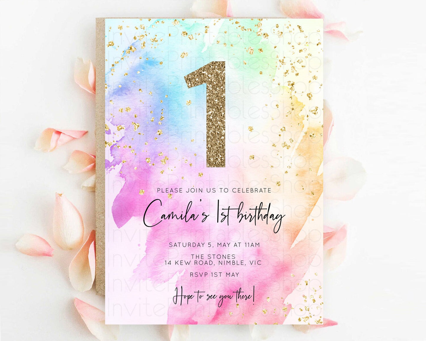 Rainbow Birthday Invitation Colorful Pastel Watercolor Invitation Gold Glitter Sprinkles Ombre Pastel 1st 2nd 3rd Birthday D10449