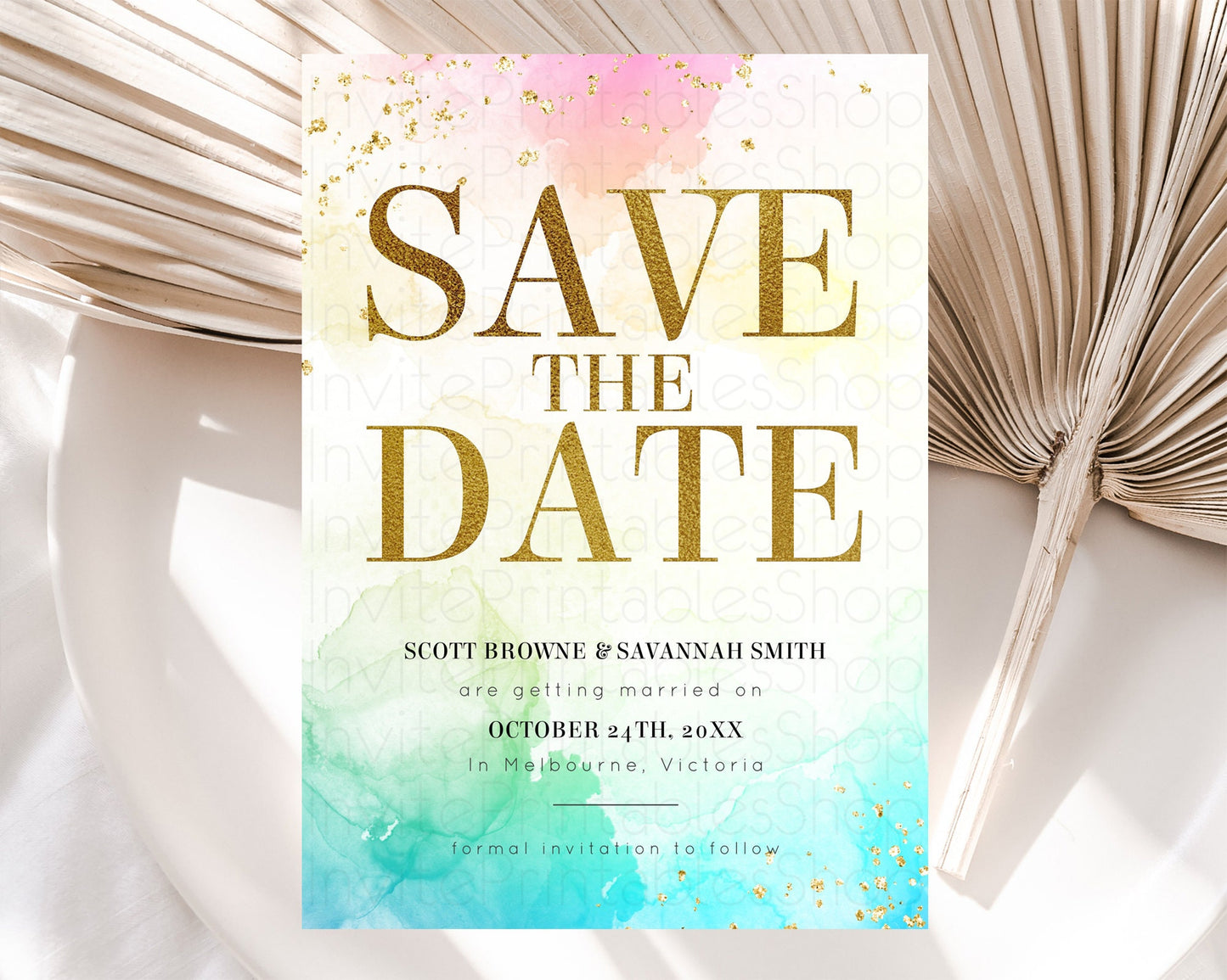 Pastel Save The Date Template Pastel Ombre Rainbow Watercolor Colorful Party For Birthday Baptism Baby Shower Wedding Bridal Shower D10770