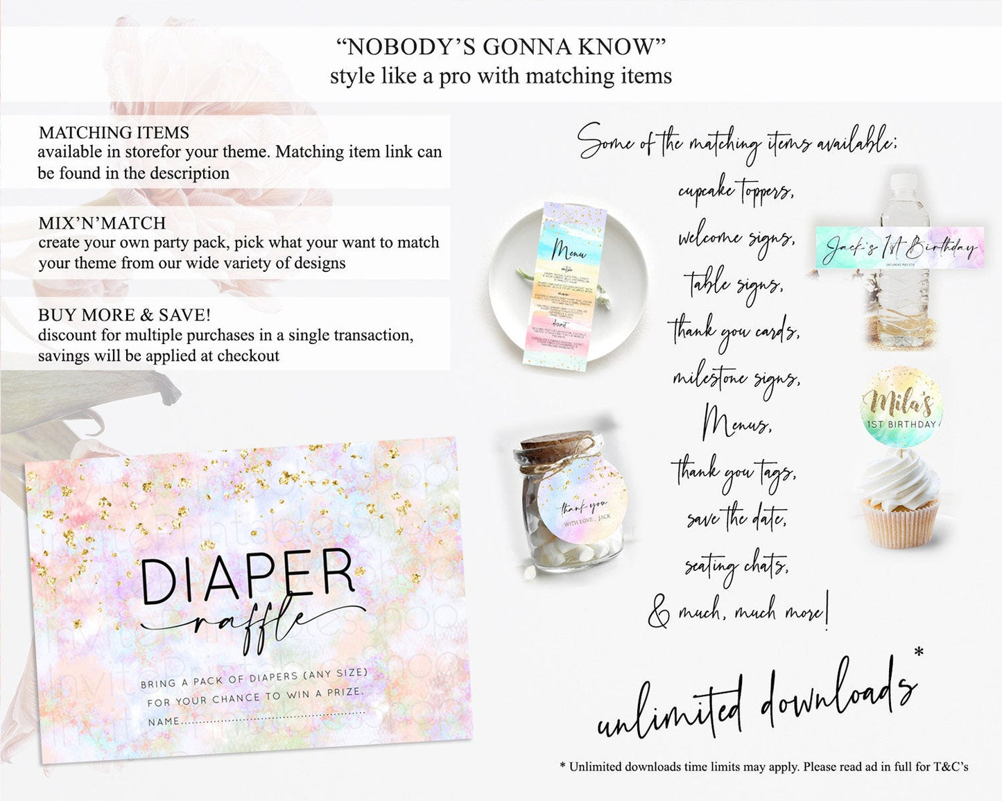 Pastel Diaper Raffle Card Pastel Rainbow Diaper Raffle Insert Colorful Ombre Watercolor Diaper Ticket Confetti Glitter Raffle Game D10649