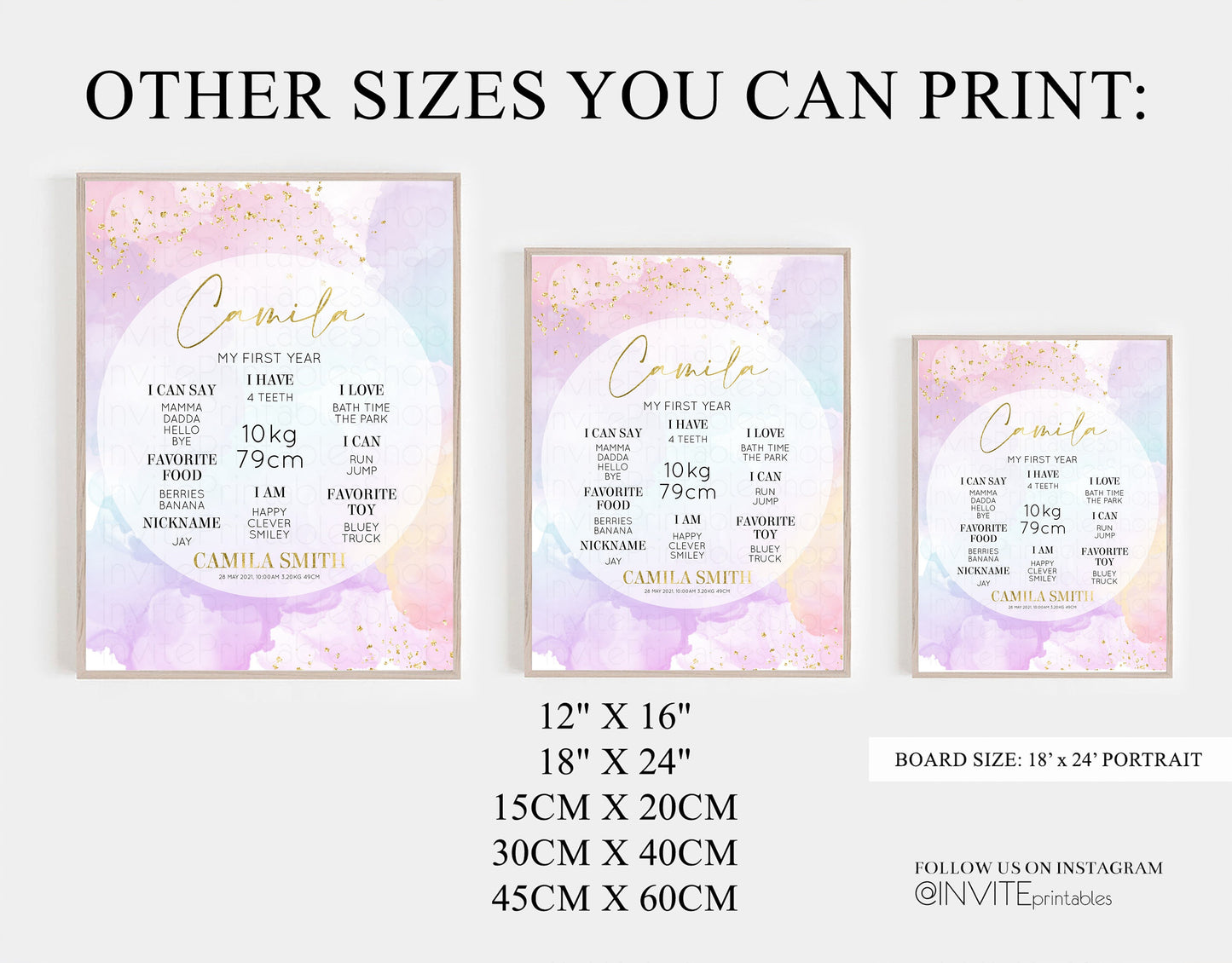 Pastel First Birthday Milestone Board Pastel Rainbow Milestone Poster Watercolor Glitter One Year Poster Colorful Splash Baby 1st Year 599v1