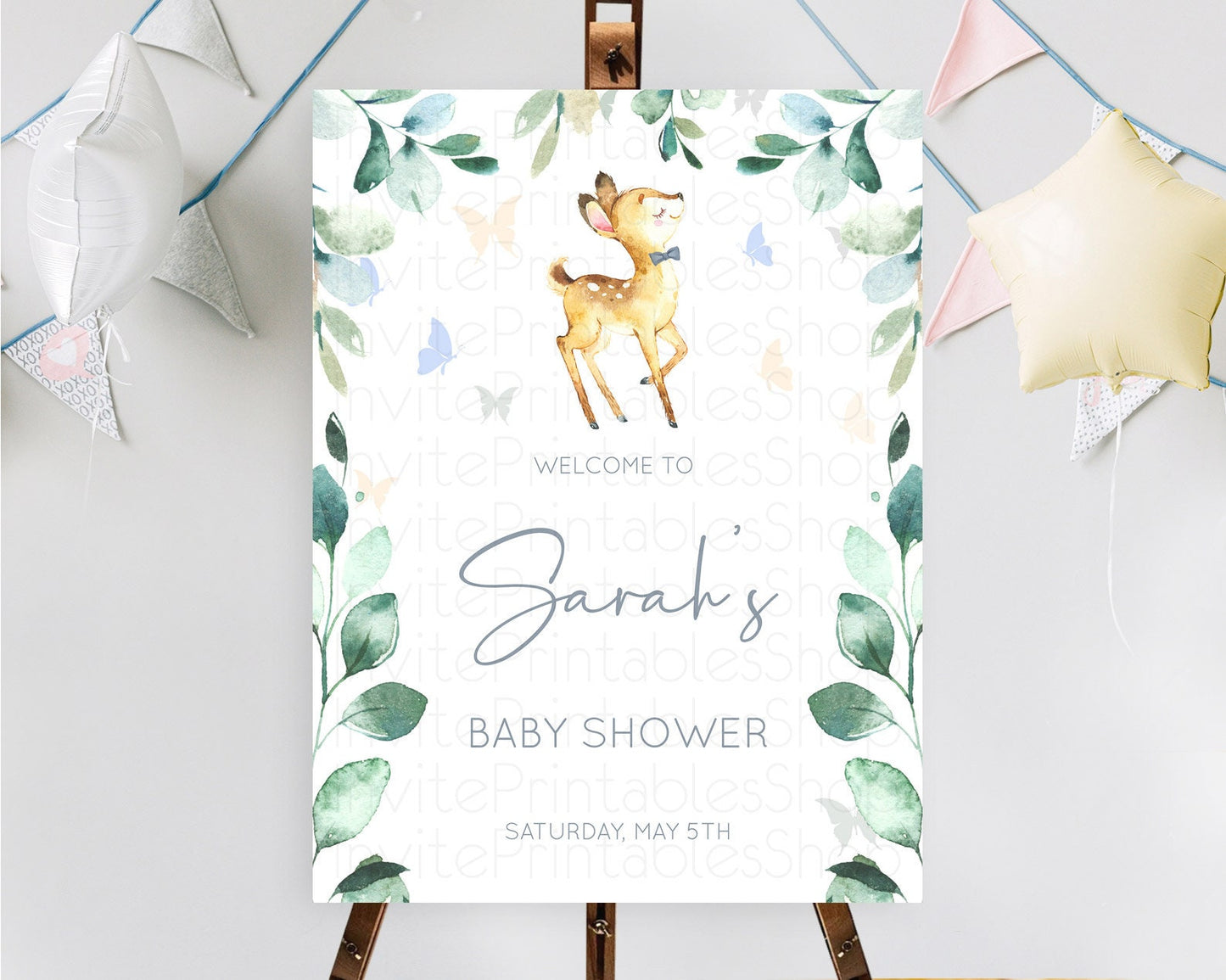 Fawn Baby Shower Welcome Sign Deer Welcome Board Floral Deer Welcome Poster Enchanted Forest Butterfly Pastel Floral Welcome Sign D10767