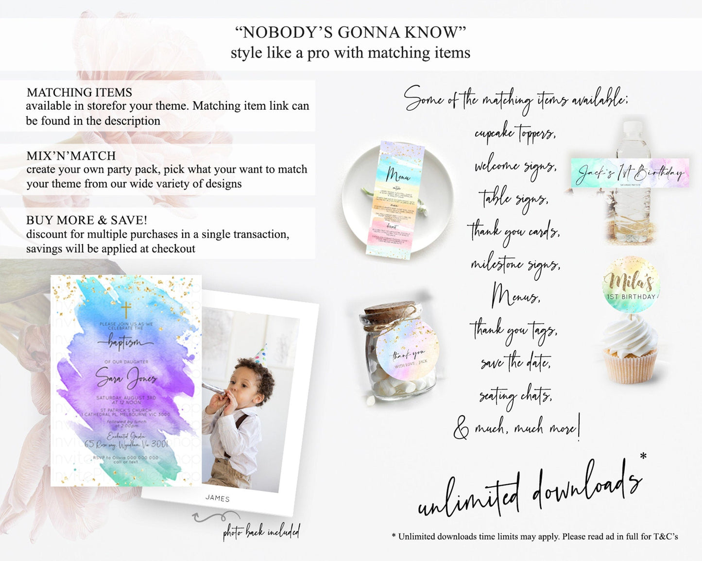 Pastel Baptism Invitation Pastel Colors Watercolor Baptism 1st Birthday Party Gold Ombre Pastel Rainbow Christening Holy Communion D10491