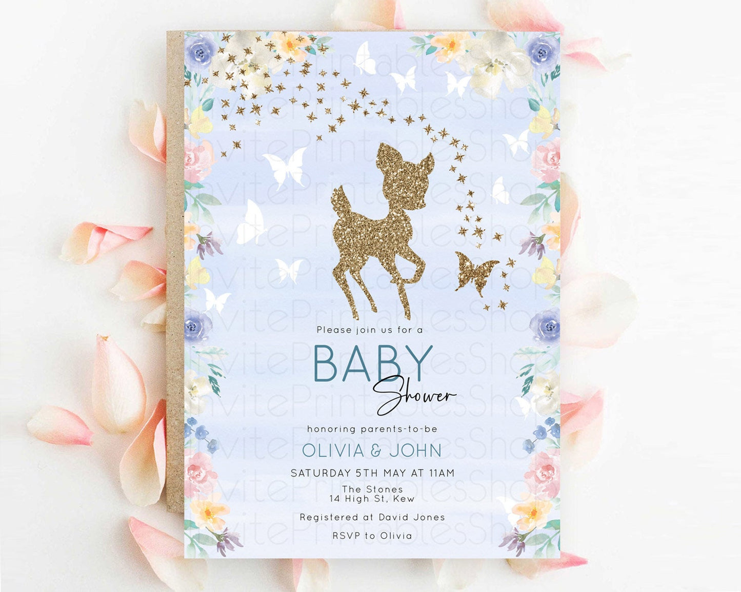 Deer Baby Shower Invitation, Enchanted Forest, Secret Garden, Butterfly, Whimsical Pastel Flowers - Blue Watercolor, Pink, Yellow D10879