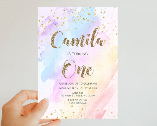 Editable Rainbow Birthday Invitation Glitter Pastel Invitation Colorful Wate