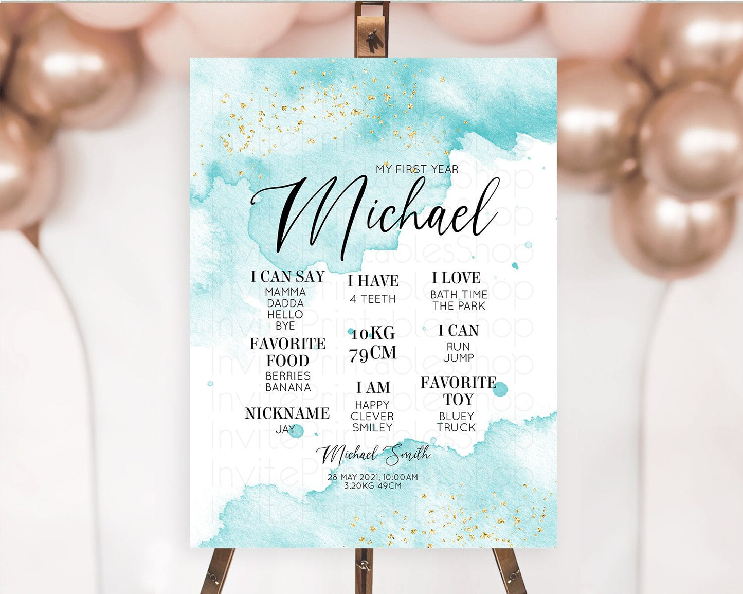 Blue First Birthday Milestone Poster Blue Watercolor Milestone Board Pastel Blue Watercolor Splash Milestone Board 1st Birthday Sign D10329