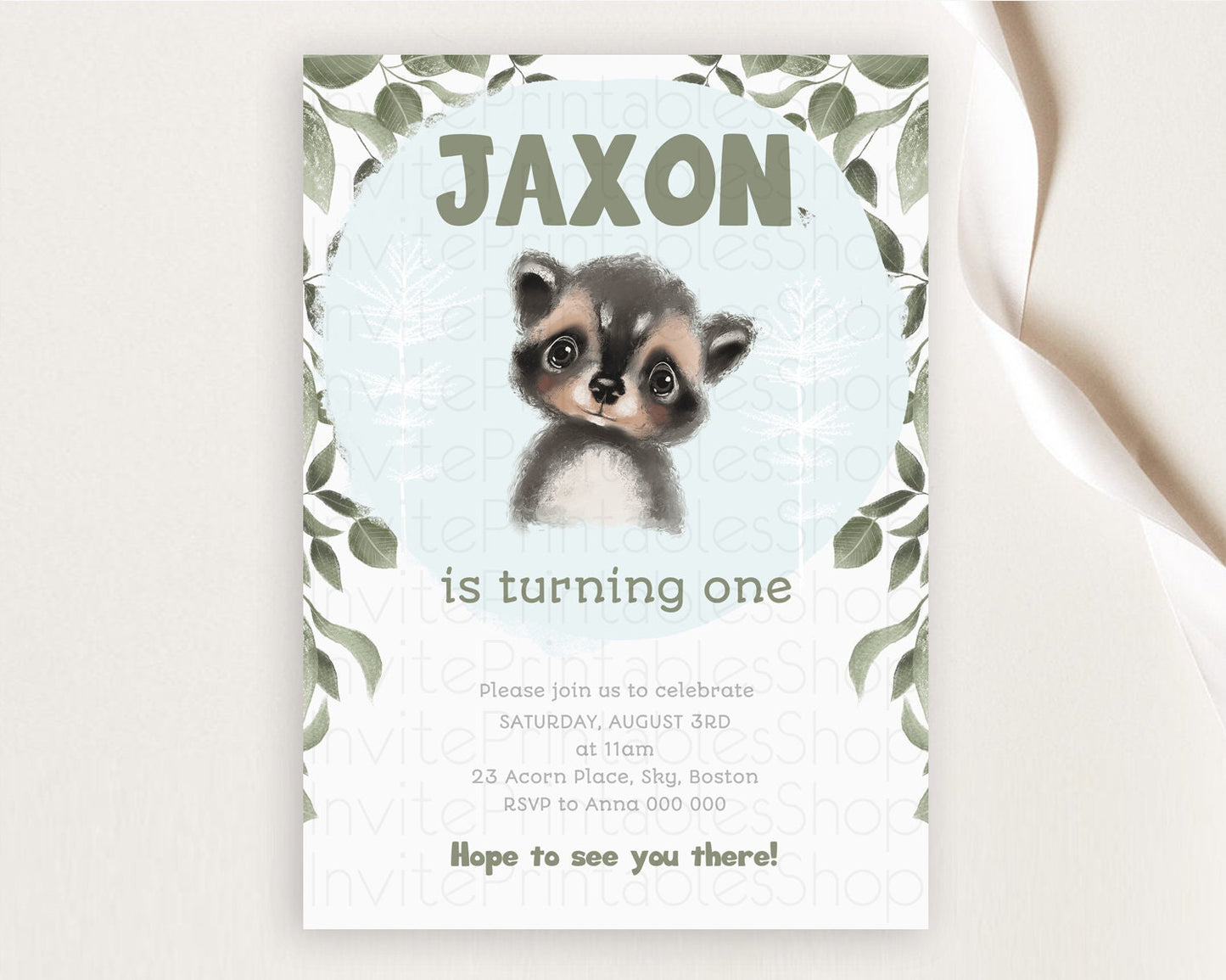 Raccoon Birthday Invitation Raccoon Invite Enchanted Forest Adventure Birthday Woodland Invitation Baby Raccoon 1st First Birthday D10100