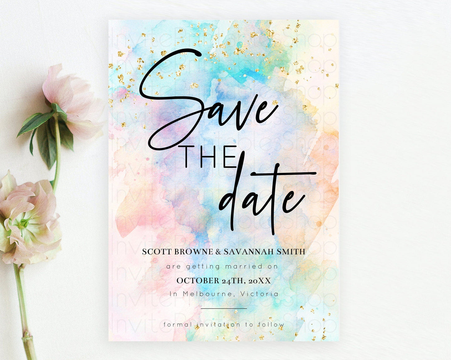 Pastel Save The Date Template Pastel Ombre Rainbow Watercolor Colorful Party For Birthday Baptism Baby Shower Wedding Bridal Shower D10260