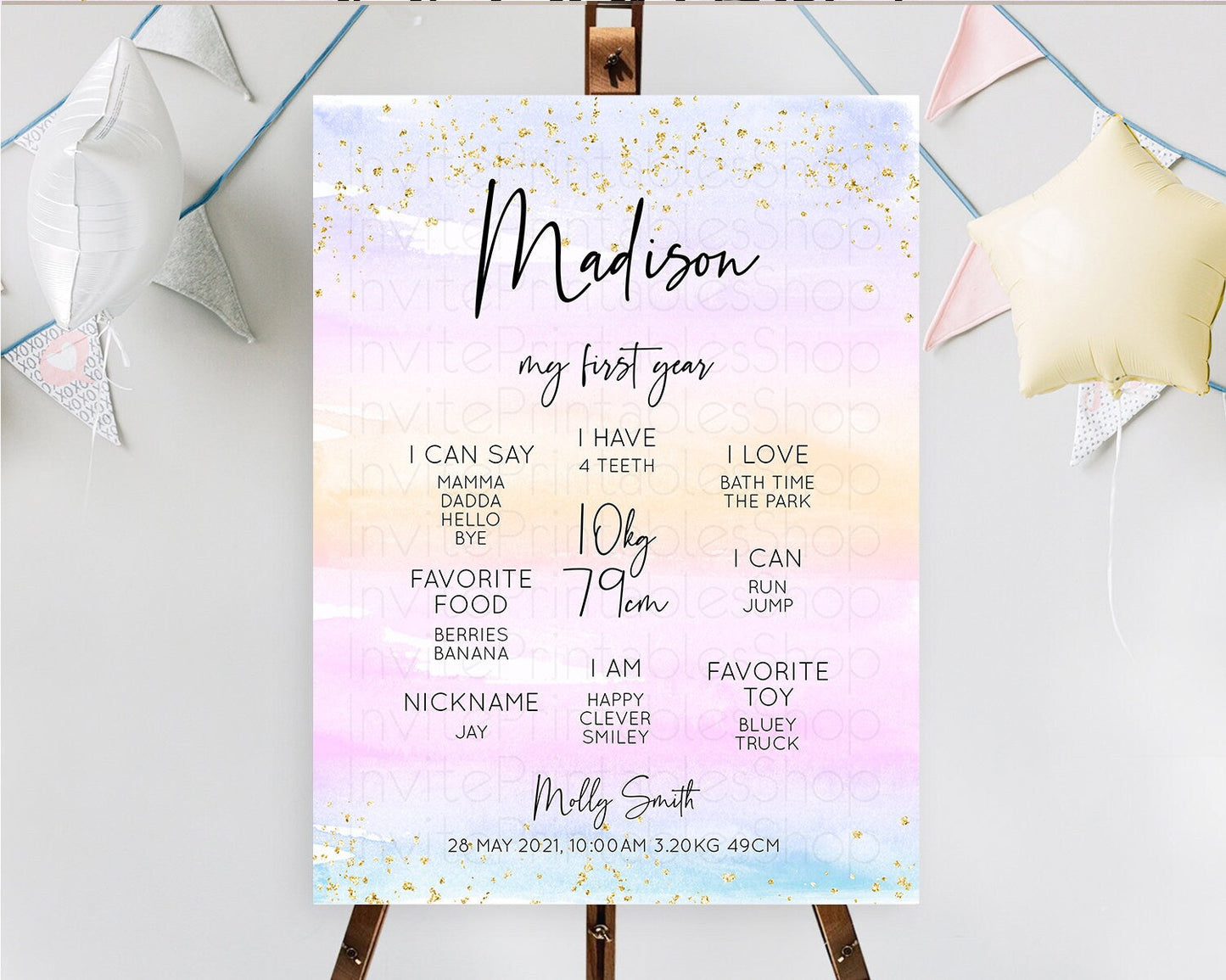 Pastel First Birthday Milestone Board Pastel Rainbow Milestone Poster Colorful Confetti Watercolor Glitter 1st Birthday Welcome Sign D10594